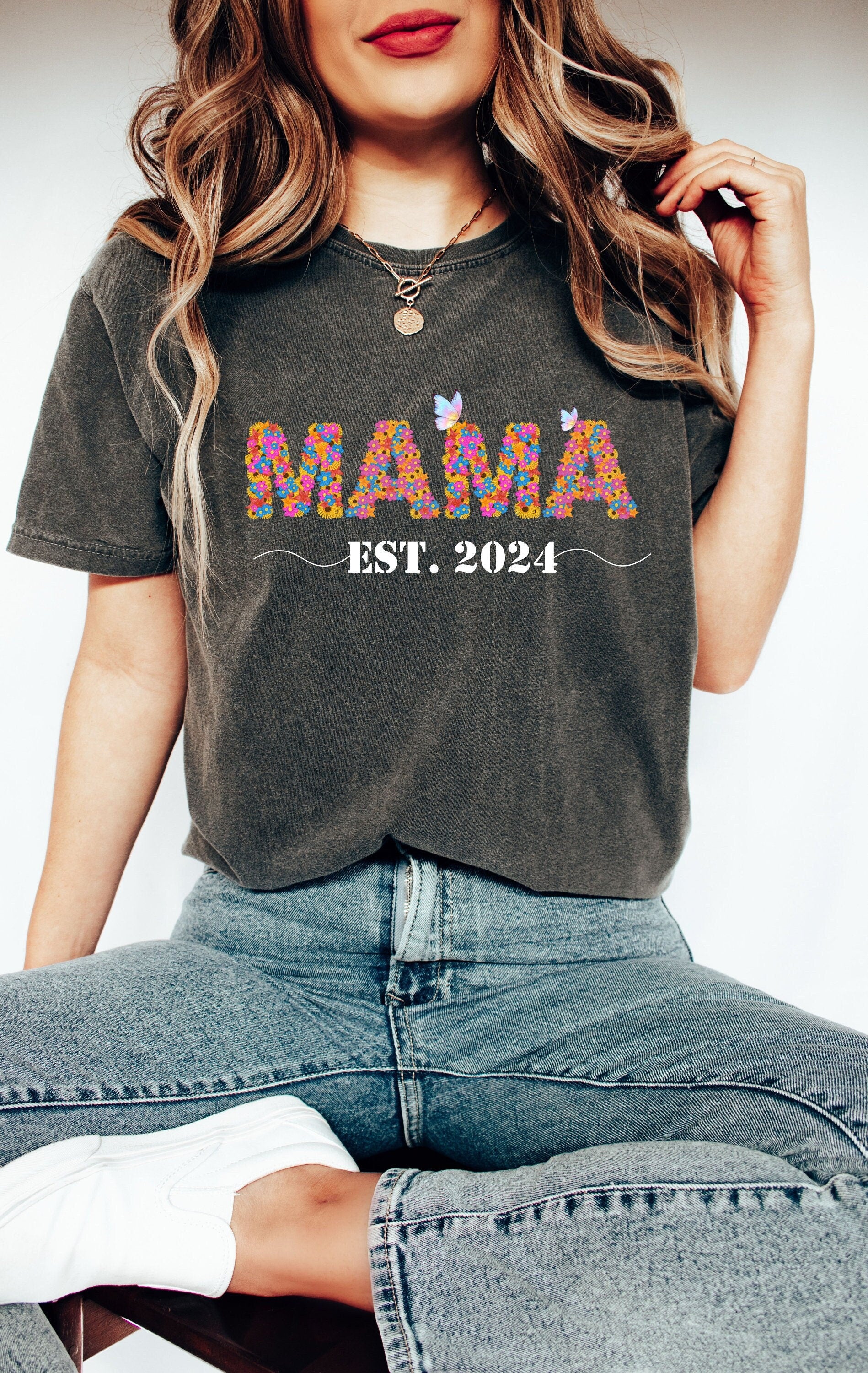 Custom Mama Shirt, Mama Est 2024 Shirt, Mothers Day,Flowers Mama Shirt, Mama Shirt, Gifts For Sisters, Baby Shower Shirt, New Mom 2024 Shirt