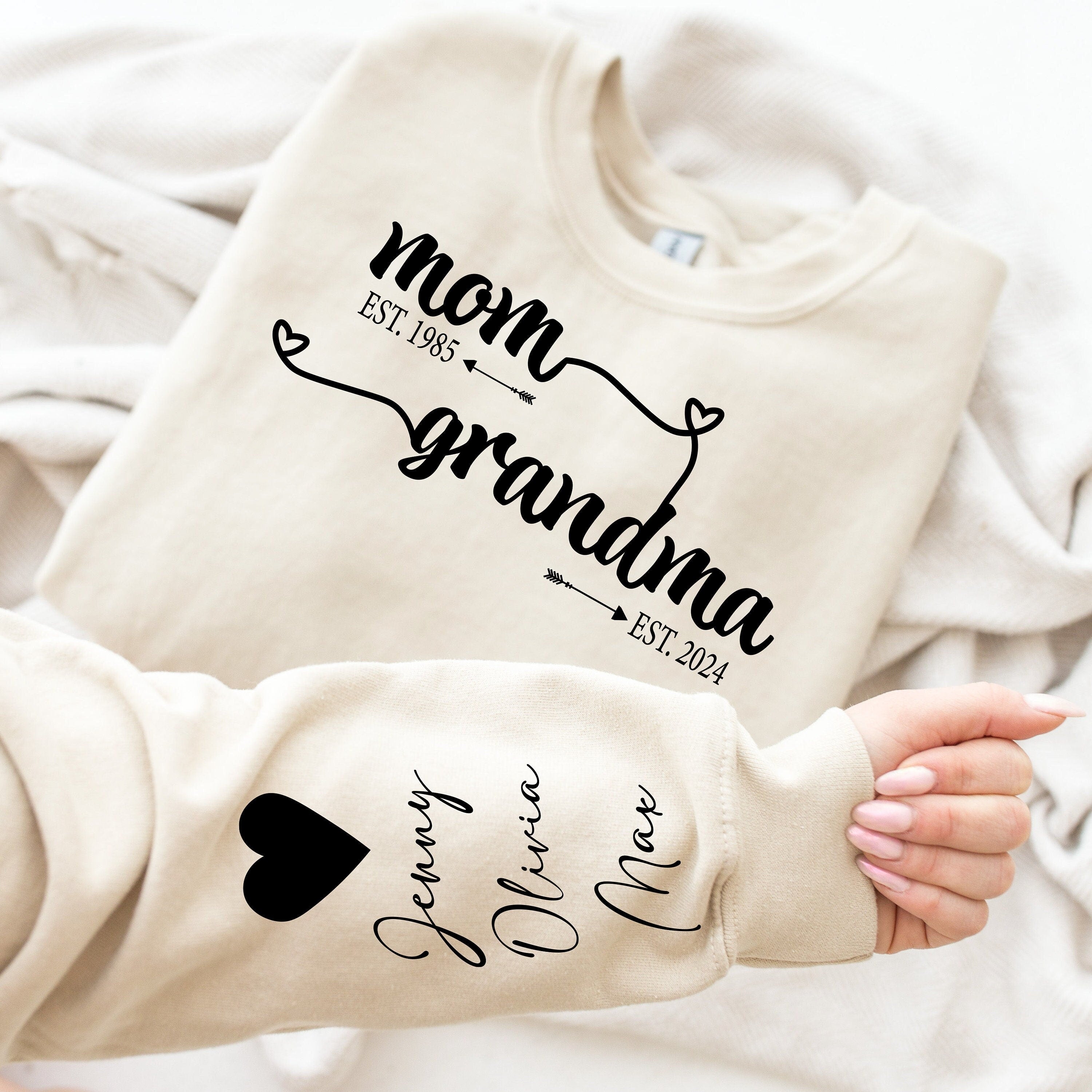 Custom Mom Grandma Est Sweatshirt, Retro Mama, Mama With Kid Name on Sleeve, Happy Mother's Day, Grandma Est Sweatshirt, Gift For Mom