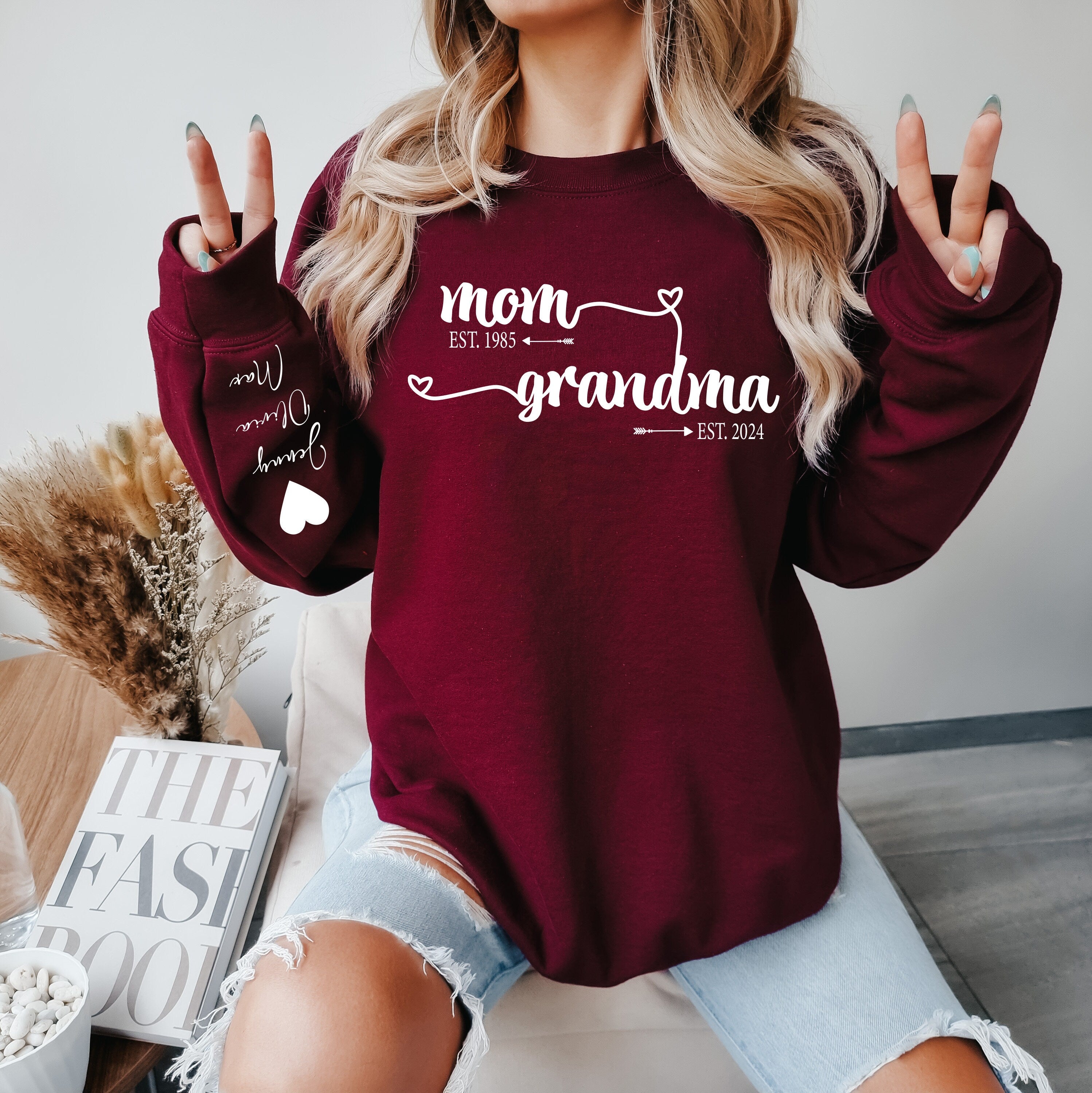 Custom Mom Grandma Est Sweatshirt, Retro Mama, Mama With Kid Name on Sleeve, Happy Mother's Day, Grandma Est Sweatshirt, Gift For Mom