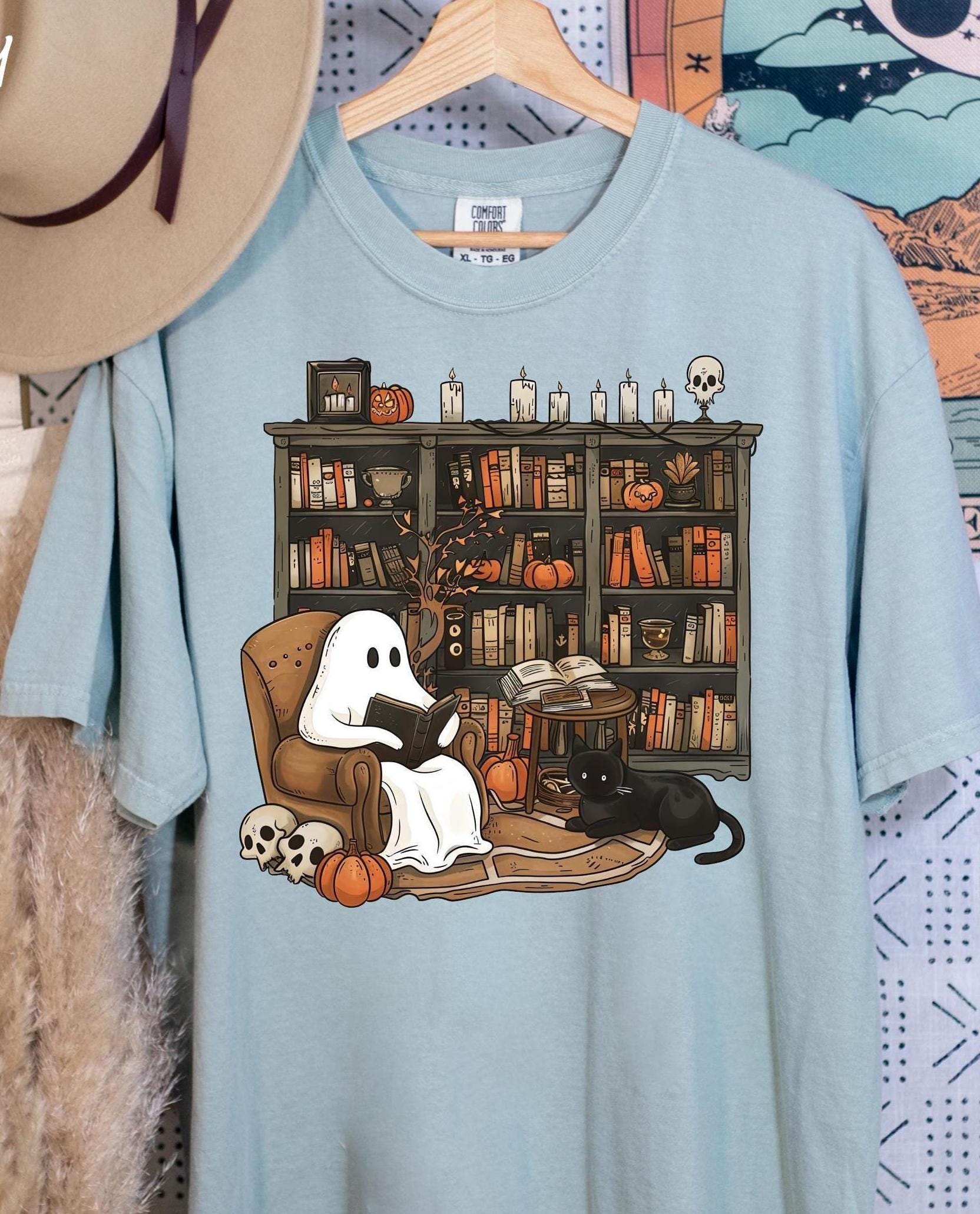 Comfort Colors® Retro Ghost Reading Books Shirt, Librarian Ghost Tee, Halloween Teacher Shirt, Librarian Halloween Shirt, Gift for Readers