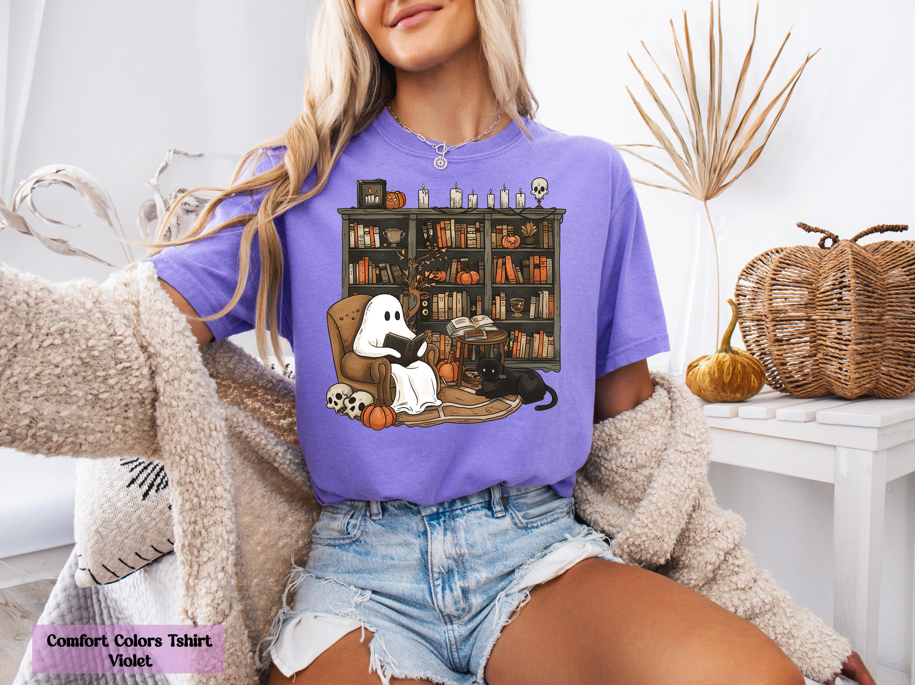 Comfort Colors® Retro Ghost Reading Books Shirt, Librarian Ghost Tee, Halloween Teacher Shirt, Librarian Halloween Shirt, Gift for Readers
