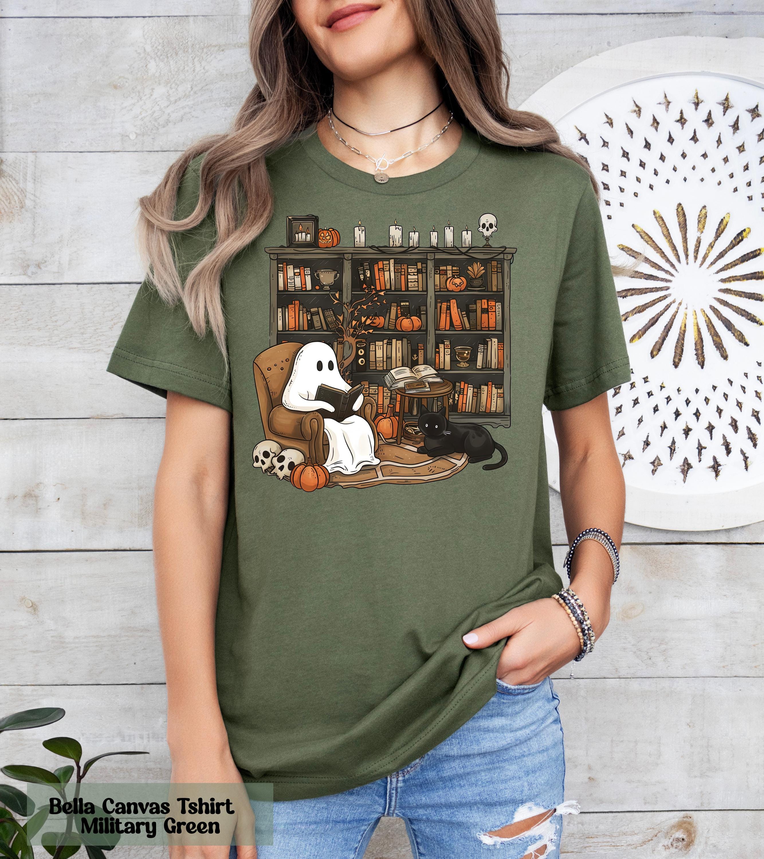 Comfort Colors® Retro Ghost Reading Books Shirt, Librarian Ghost Tee, Halloween Teacher Shirt, Librarian Halloween Shirt, Gift for Readers