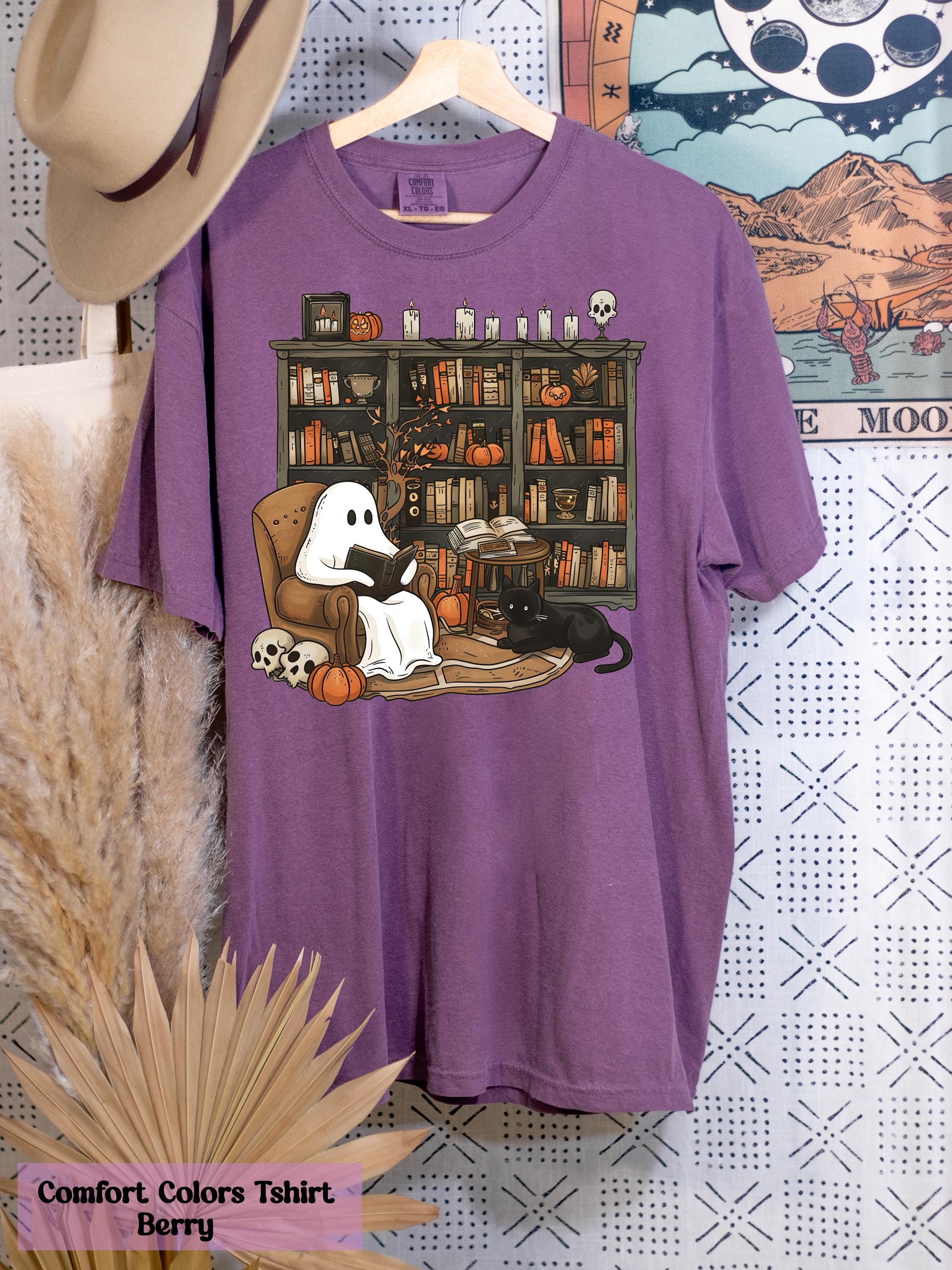 Comfort Colors® Retro Ghost Reading Books Shirt, Librarian Ghost Tee, Halloween Teacher Shirt, Librarian Halloween Shirt, Gift for Readers