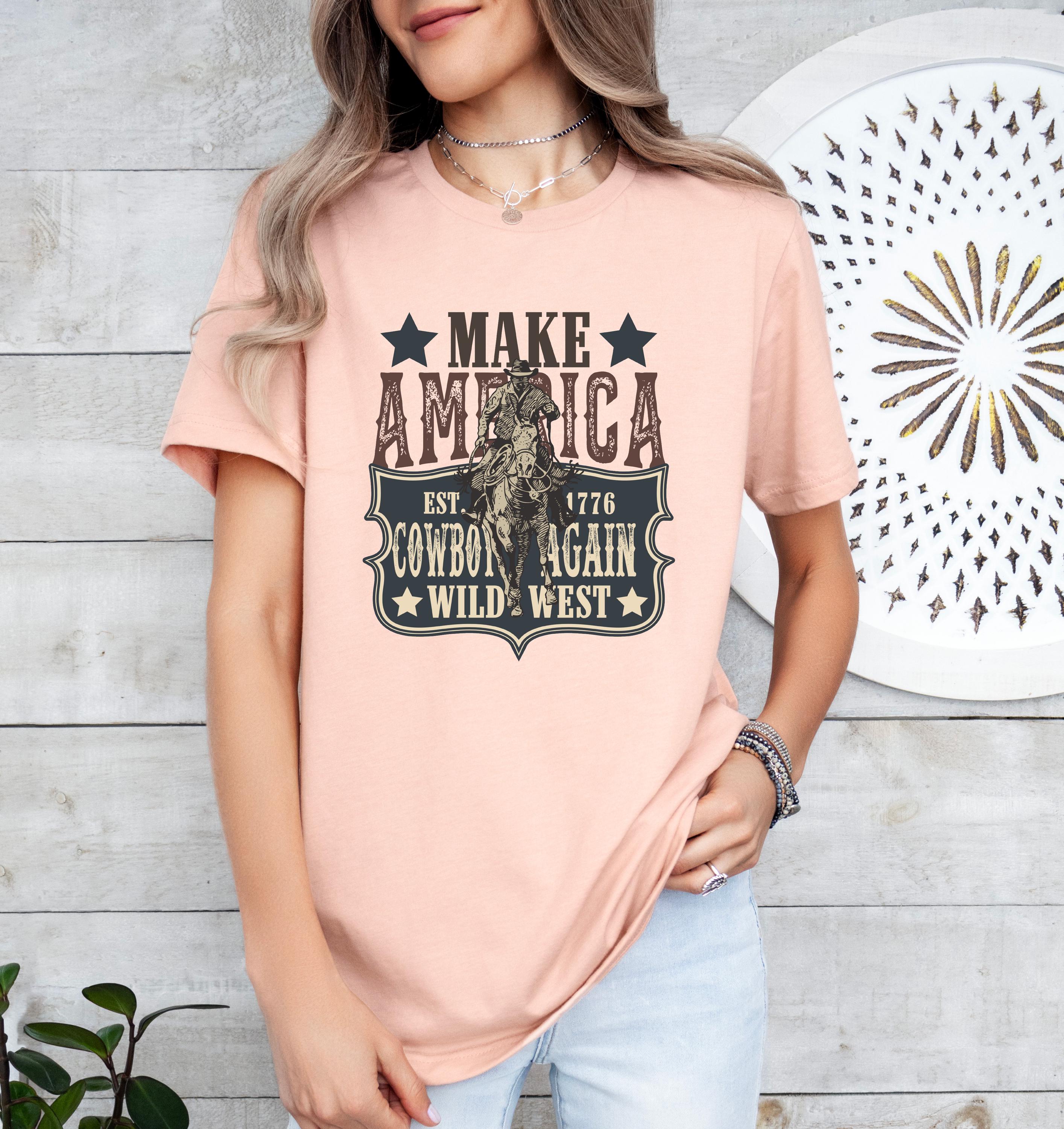 Make America Cowboy Again Western Rodeo Shirt, Cowboy Shirt, Bucking Bronco, July 4th Tee, America Shirt, Patriotic Shirt, Western Shirt