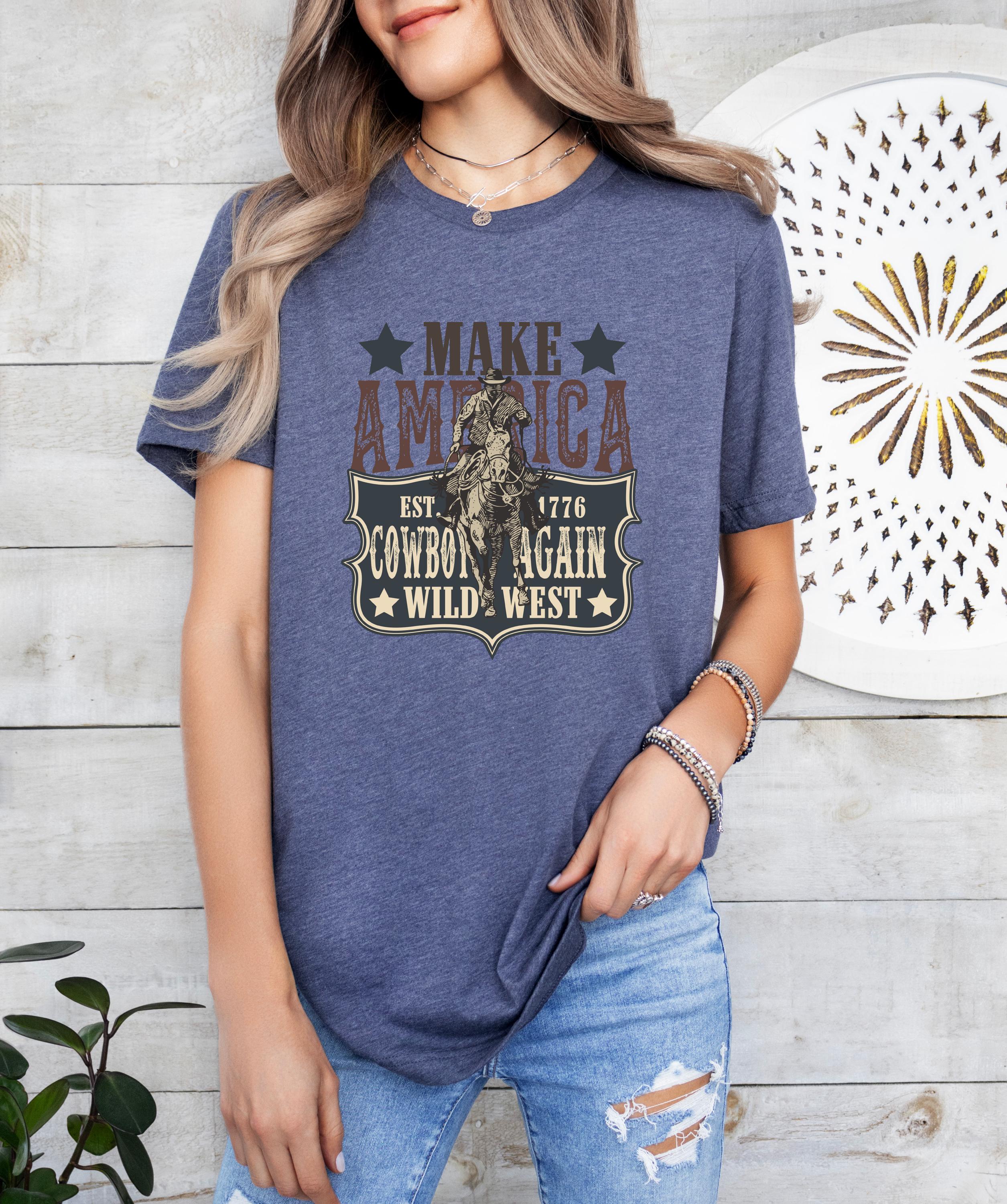 Make America Cowboy Again Western Rodeo Shirt, Cowboy Shirt, Bucking Bronco, July 4th Tee, America Shirt, Patriotic Shirt, Western Shirt