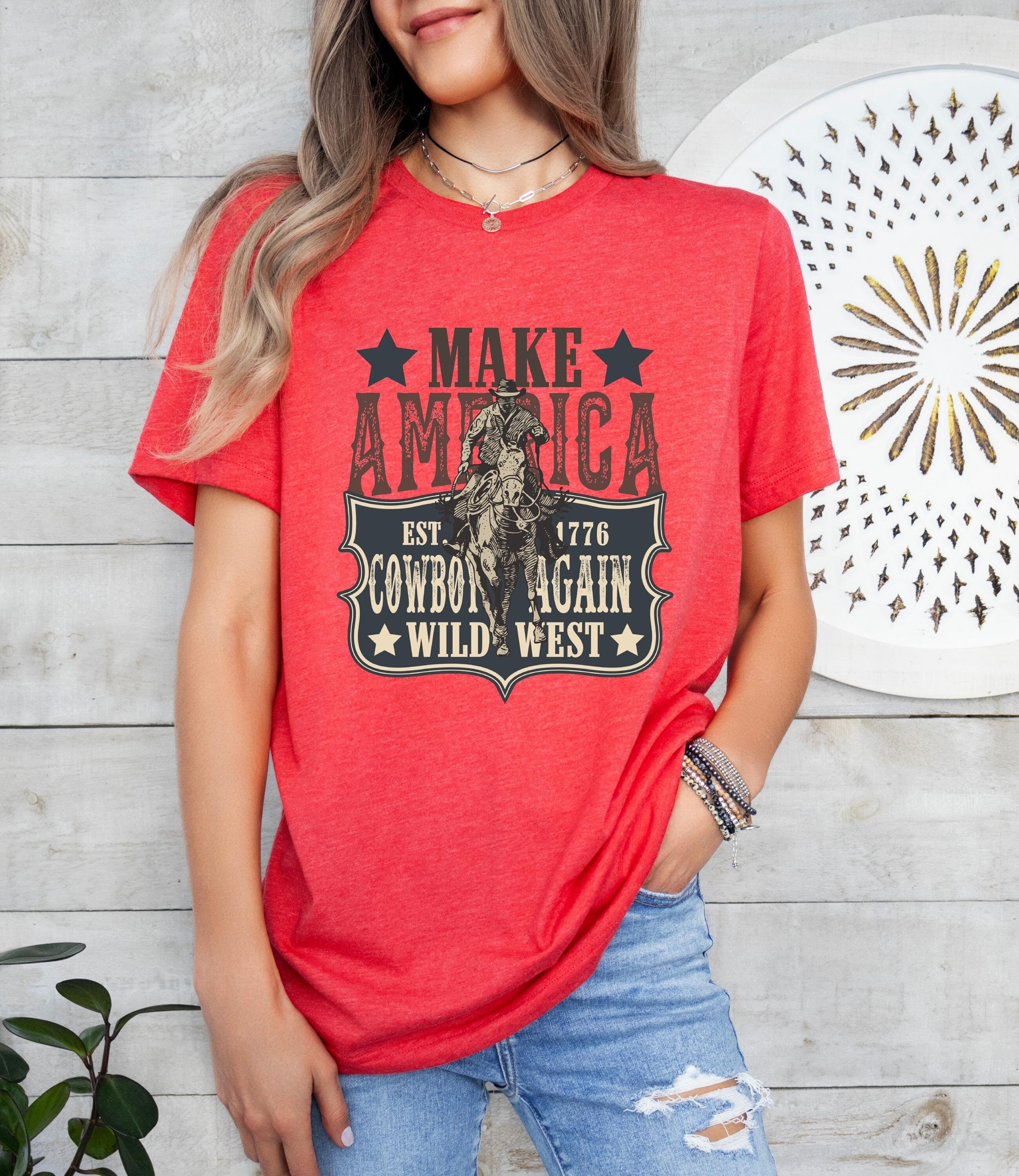 Make America Cowboy Again Western Rodeo Shirt, Cowboy Shirt, Bucking Bronco, July 4th Tee, America Shirt, Patriotic Shirt, Western Shirt