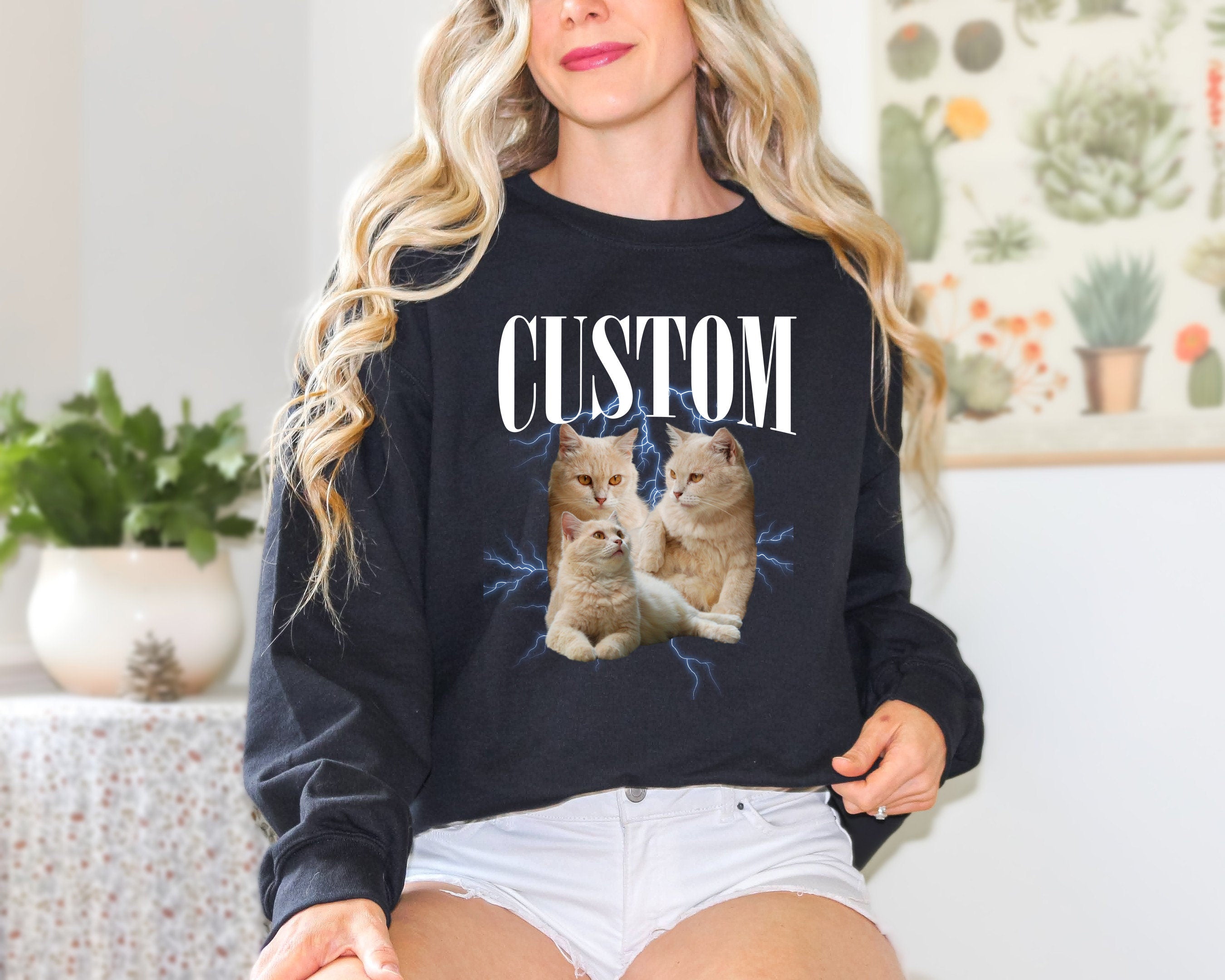Retro Custom Cat Sweatshirt, Custom Cat Sweater, Photo Sweatshirt, 90s Retro Sweater, Custom Cat, Cat mom, Crewneck, Cat Dad, Pe