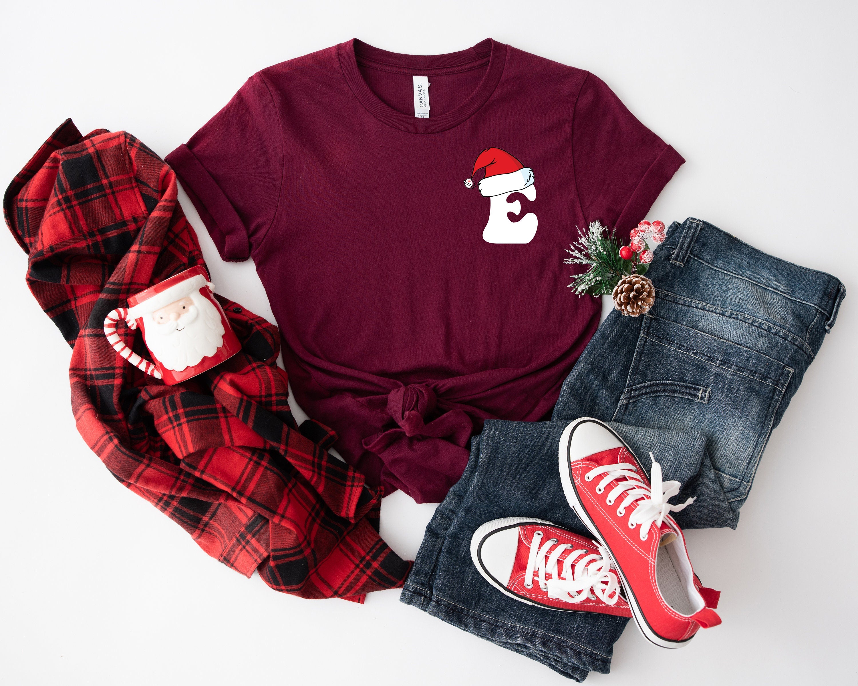 Your Letter Christmas Hat Shirt, Christmas Season Shirt , Personal Shirt, This The Season Christmas Shirt, Christmas Crewneck Colorful Shirt