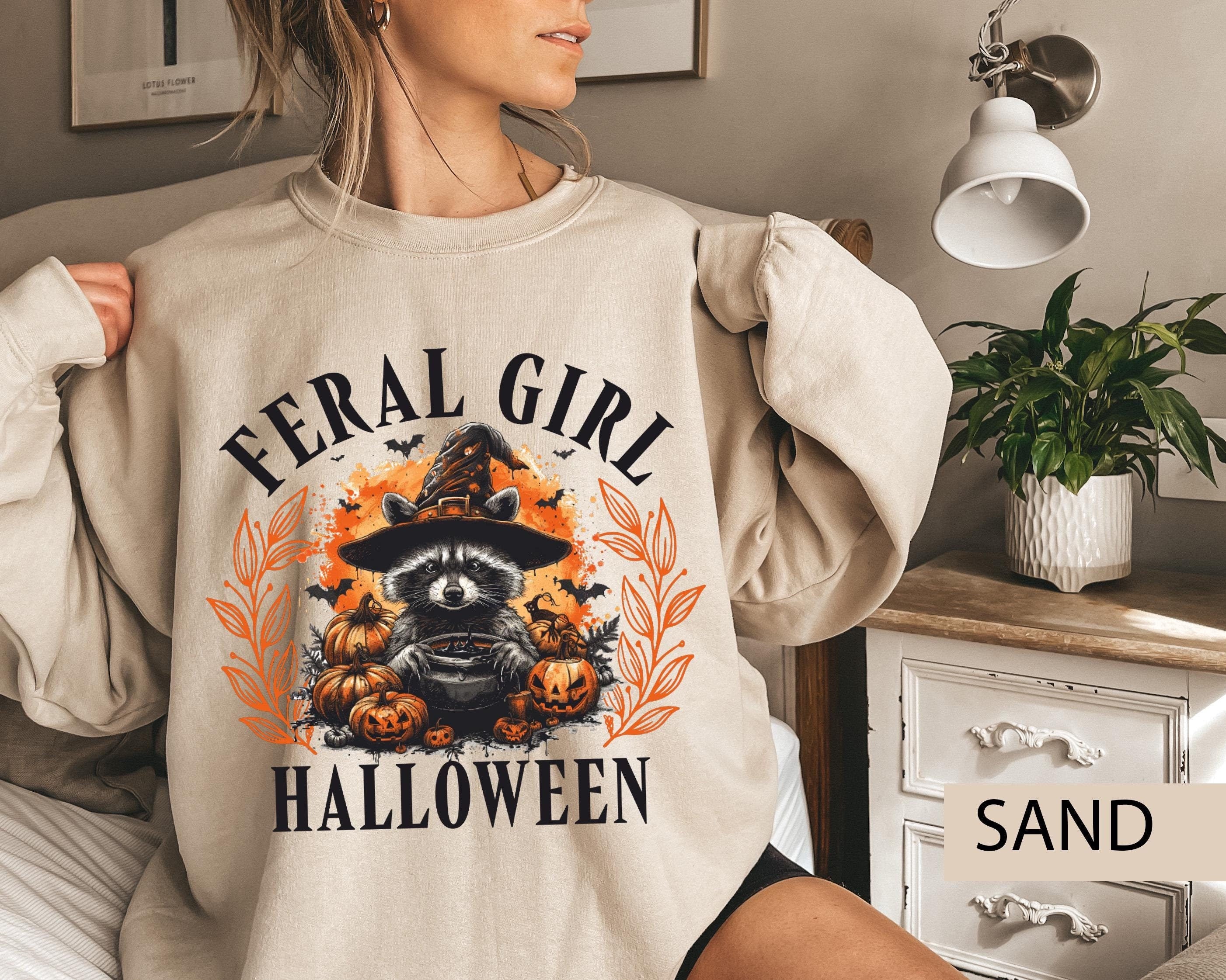 Feral girl Halloween raccoon sweatshirt, vintage witch sweatshirt, Spooky season sweatshirt,  Fall sweatshirt, Halloween raccoon sweatshirt