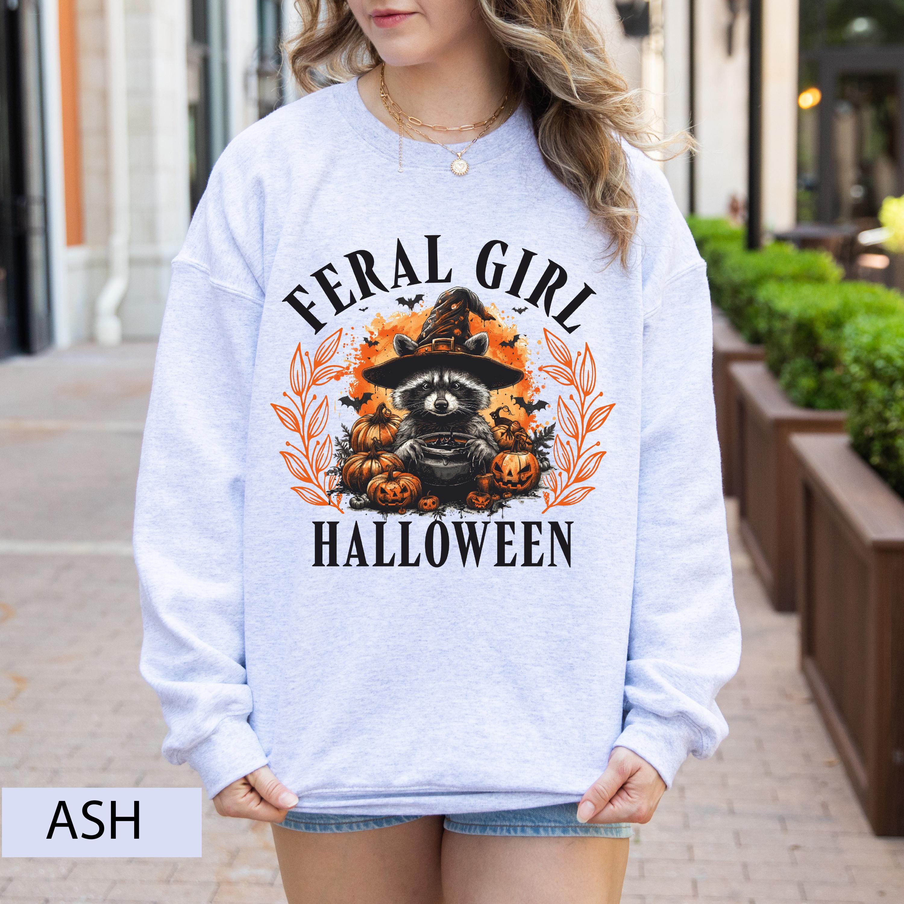 Feral girl Halloween raccoon sweatshirt, vintage witch sweatshirt, Spooky season sweatshirt,  Fall sweatshirt, Halloween raccoon sweatshirt
