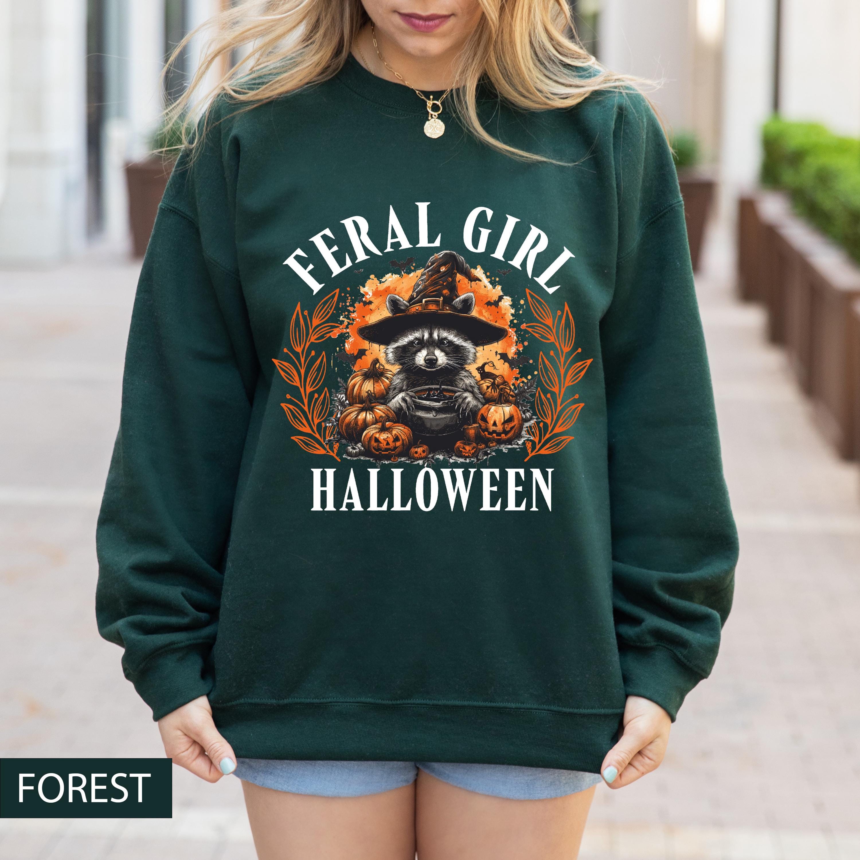Feral girl Halloween raccoon sweatshirt, vintage witch sweatshirt, Spooky season sweatshirt,  Fall sweatshirt, Halloween raccoon sweatshirt