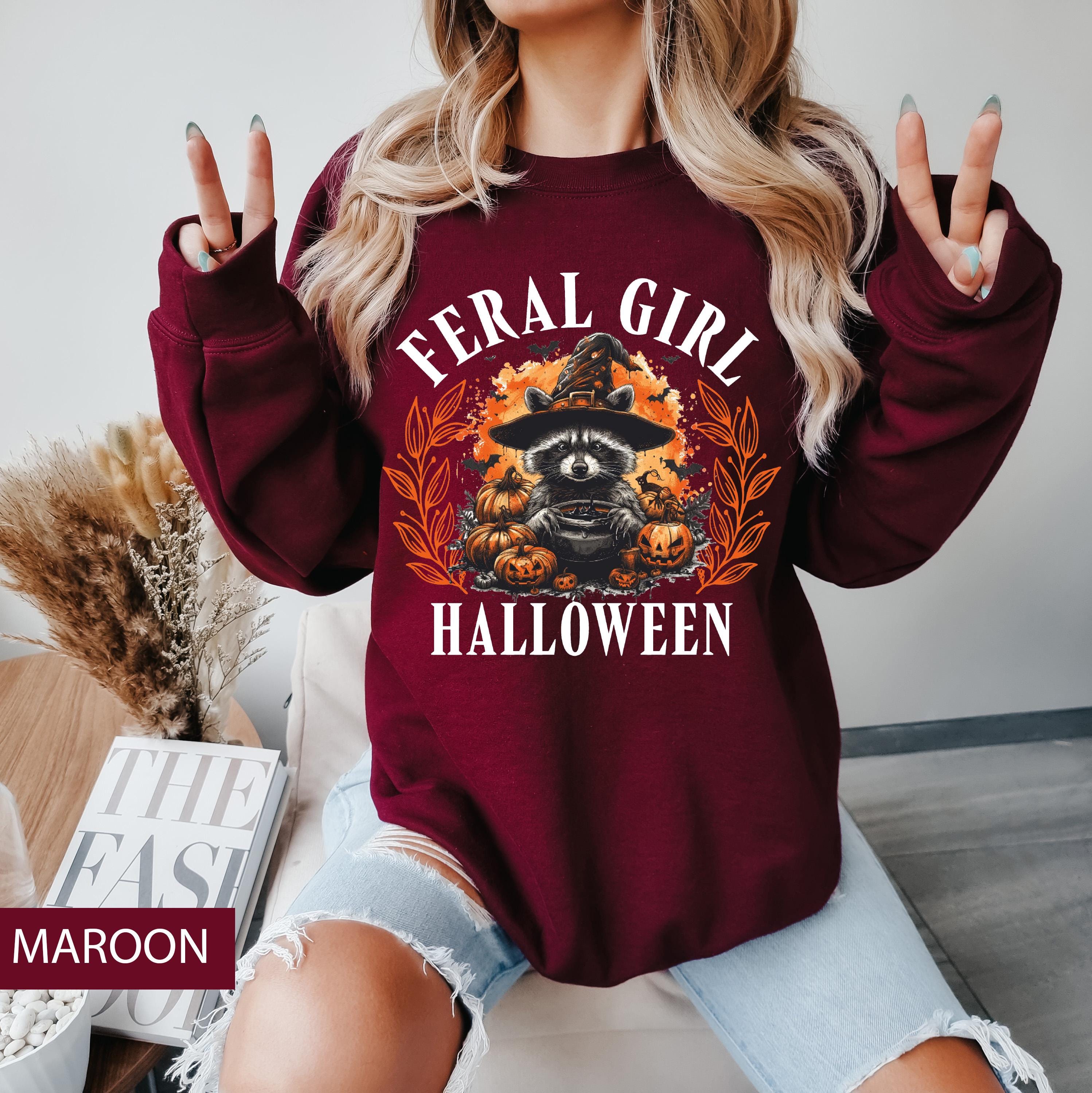Feral girl Halloween raccoon sweatshirt, vintage witch sweatshirt, Spooky season sweatshirt,  Fall sweatshirt, Halloween raccoon sweatshirt