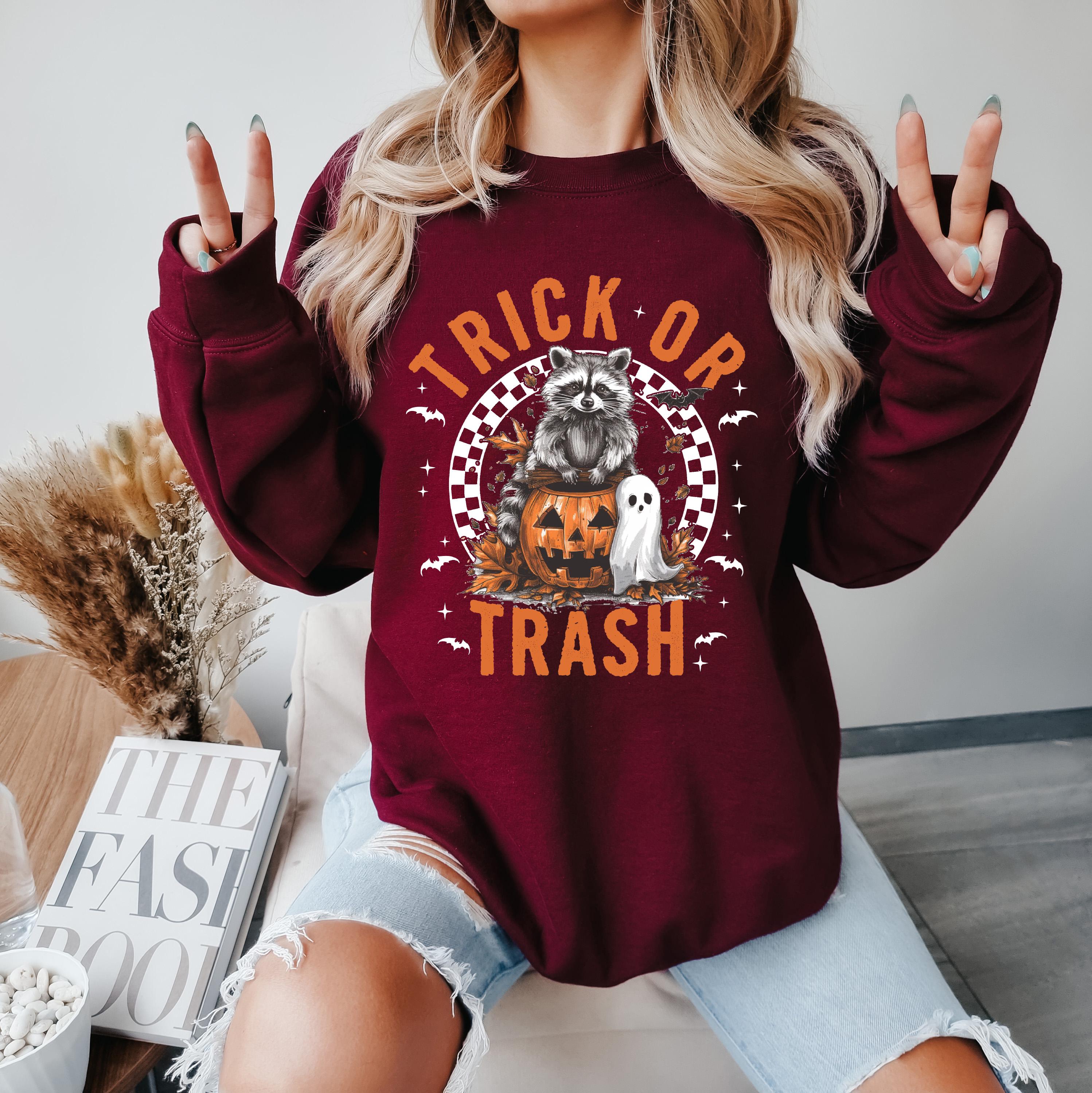 Trick or Trash raccoon Halloween sweatshirt, Halloween funny sweatshirt, Spooky season sweatshirt,  Fall sweatshirt, pumpkin sweatshirt