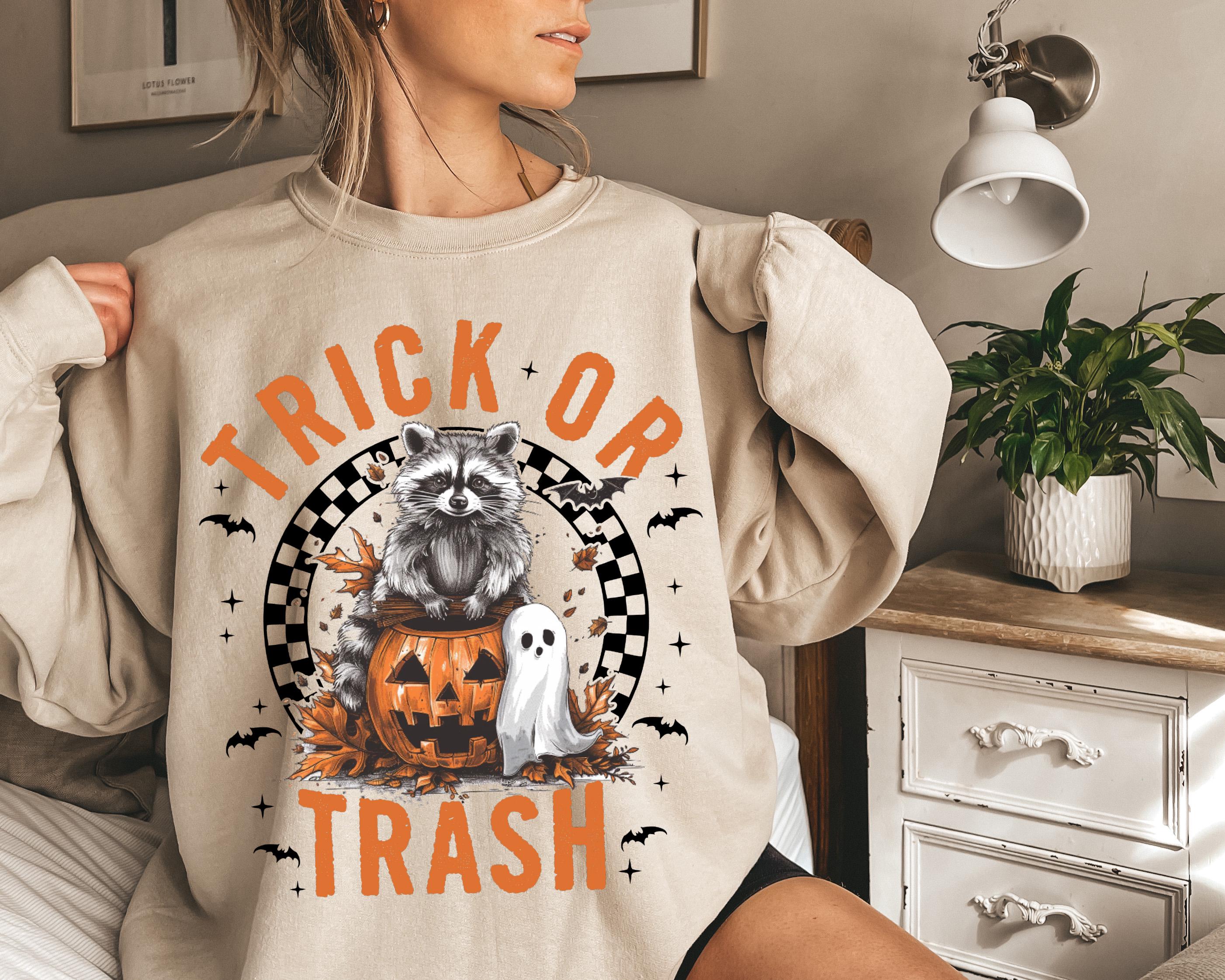 Trick or Trash raccoon Halloween sweatshirt, Halloween funny sweatshirt, Spooky season sweatshirt,  Fall sweatshirt, pumpkin sweatshirt
