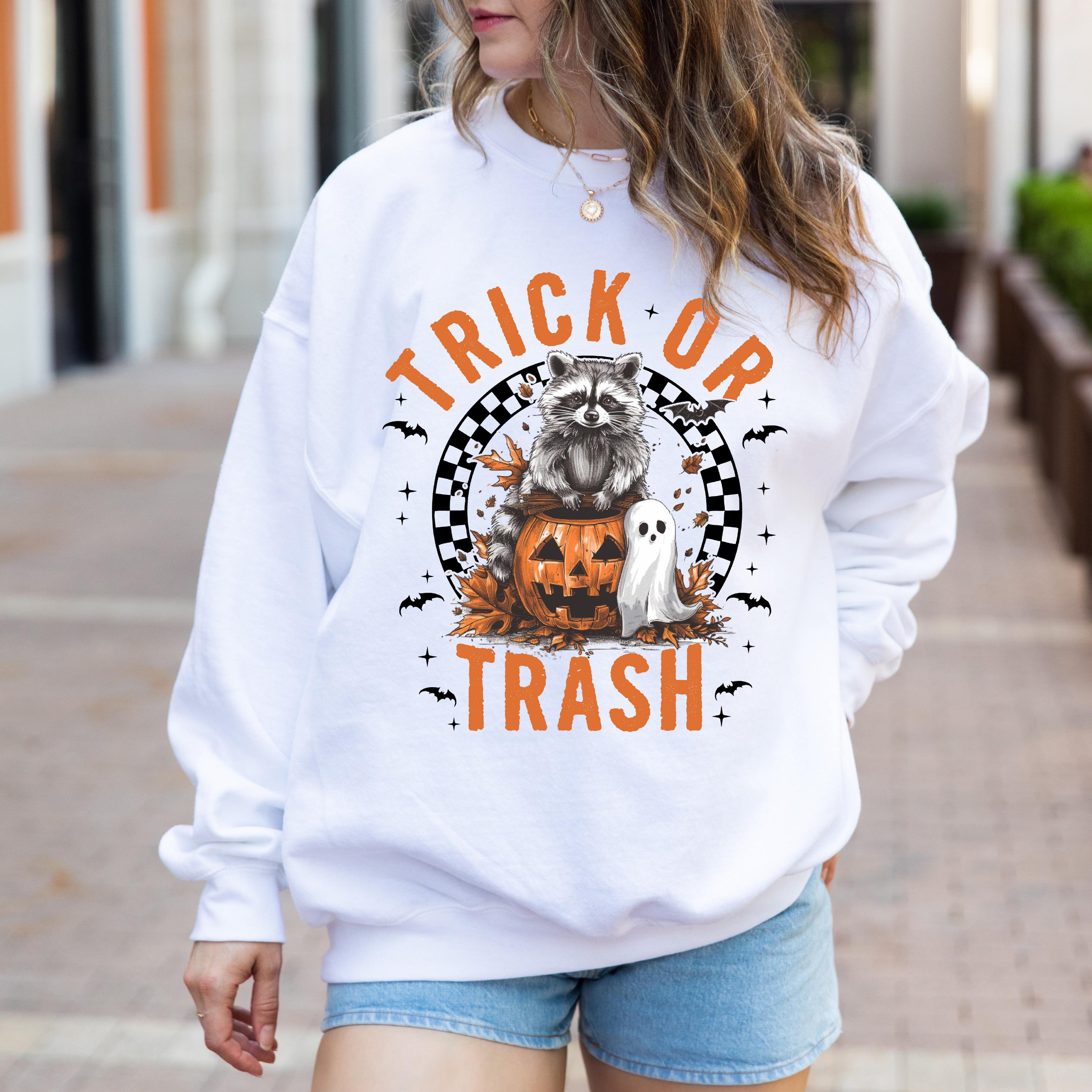 Trick or Trash raccoon Halloween sweatshirt, Halloween funny sweatshirt, Spooky season sweatshirt,  Fall sweatshirt, pumpkin sweatshirt