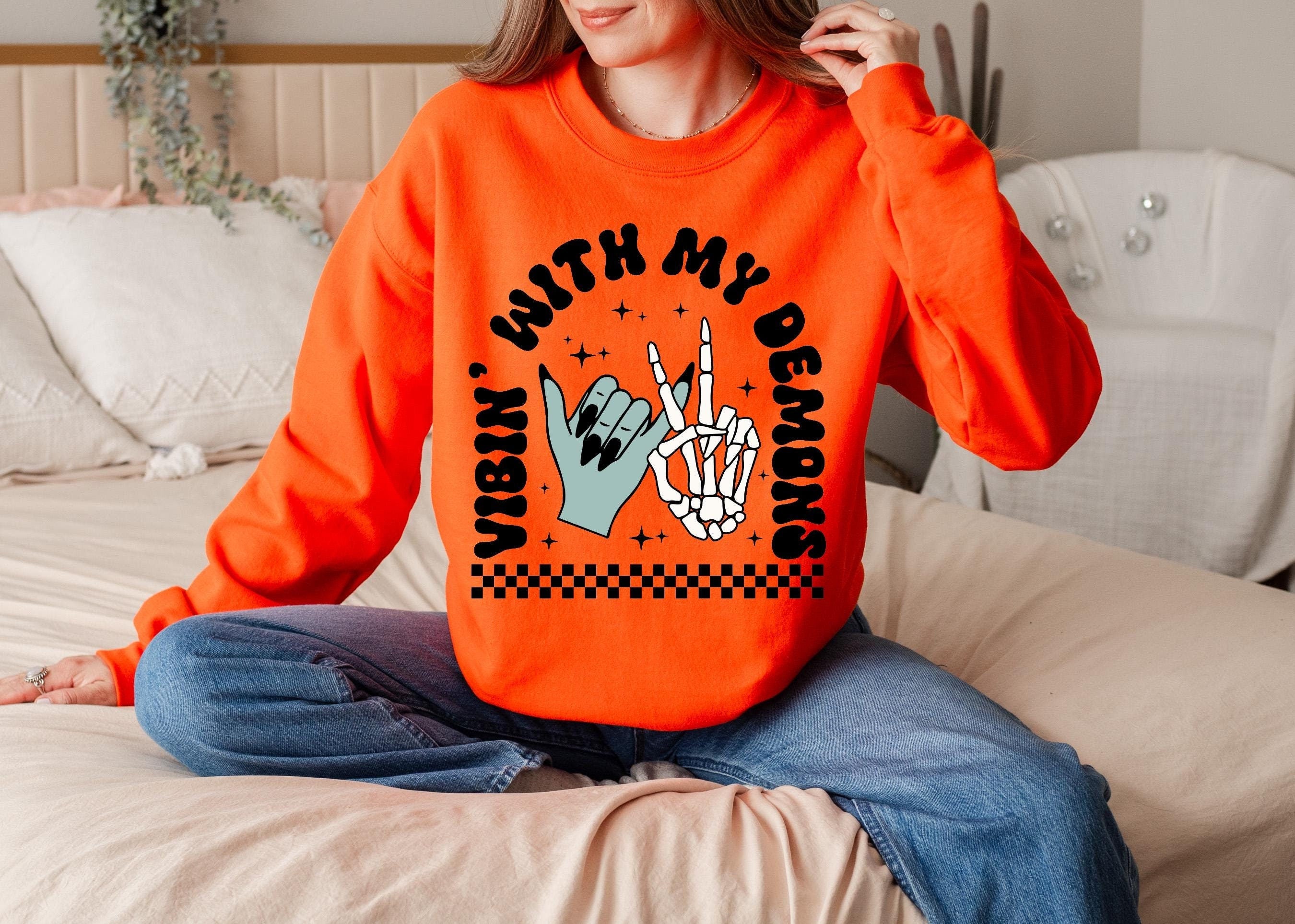Vibin with my demons Halloween sweatshirt, Halloween vintage sweatshirt, Demons witch sweatshirt, Spooky season sweatshirt,  Fall sweatshirt