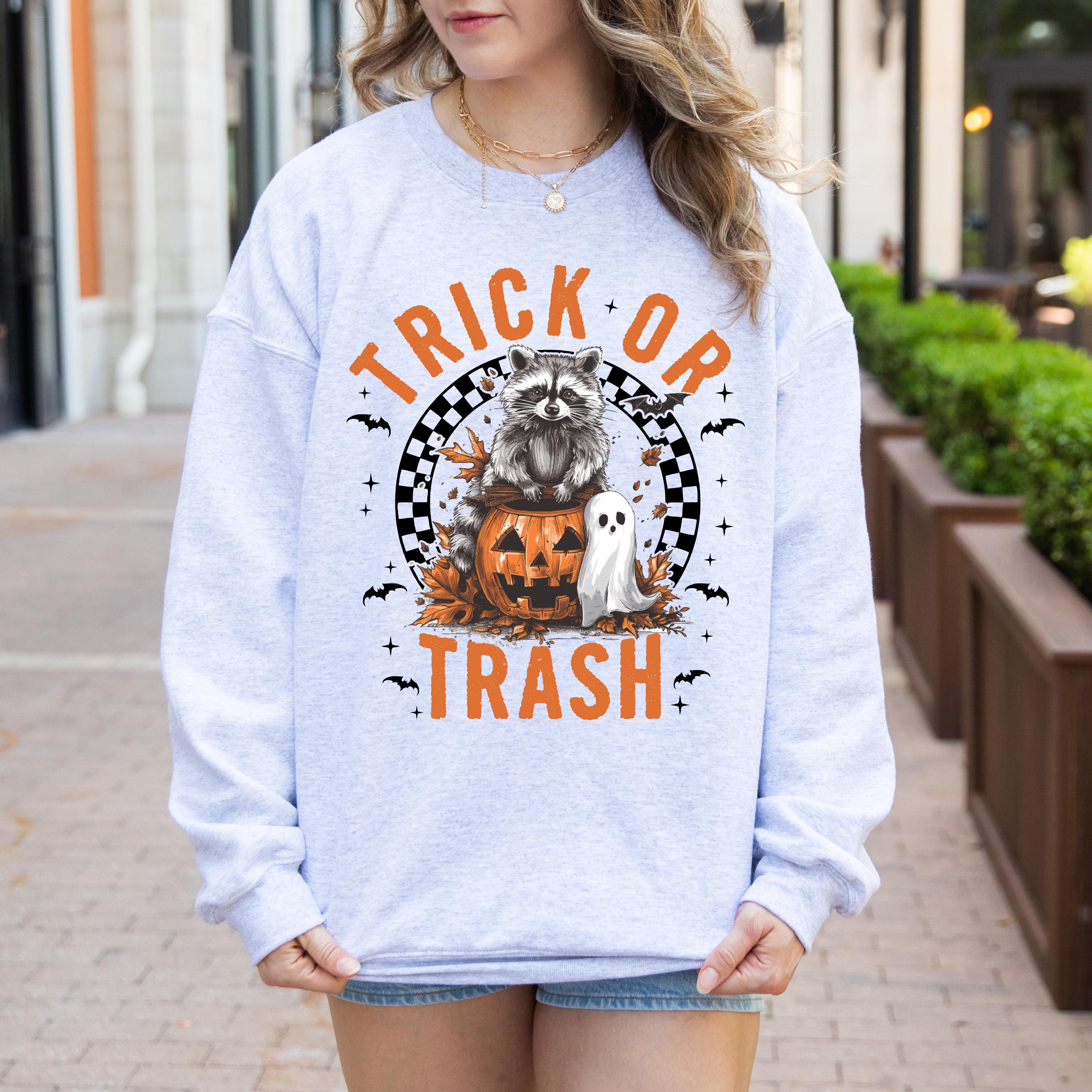 Trick or Trash raccoon Halloween sweatshirt, Halloween funny sweatshirt, Spooky season sweatshirt,  Fall sweatshirt, pumpkin sweatshirt