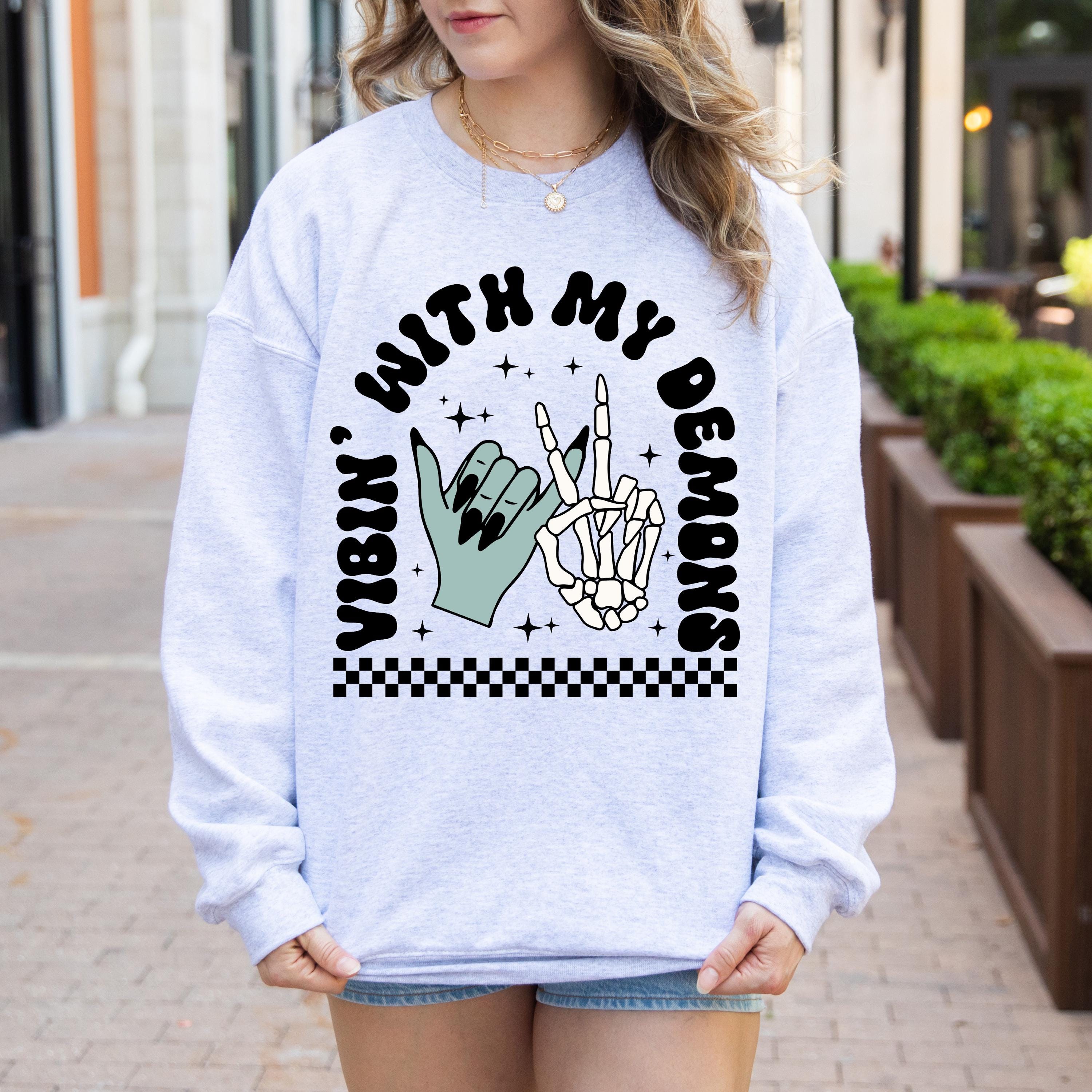 Vibin with my demons Halloween sweatshirt, Halloween vintage sweatshirt, Demons witch sweatshirt, Spooky season sweatshirt,  Fall sweatshirt