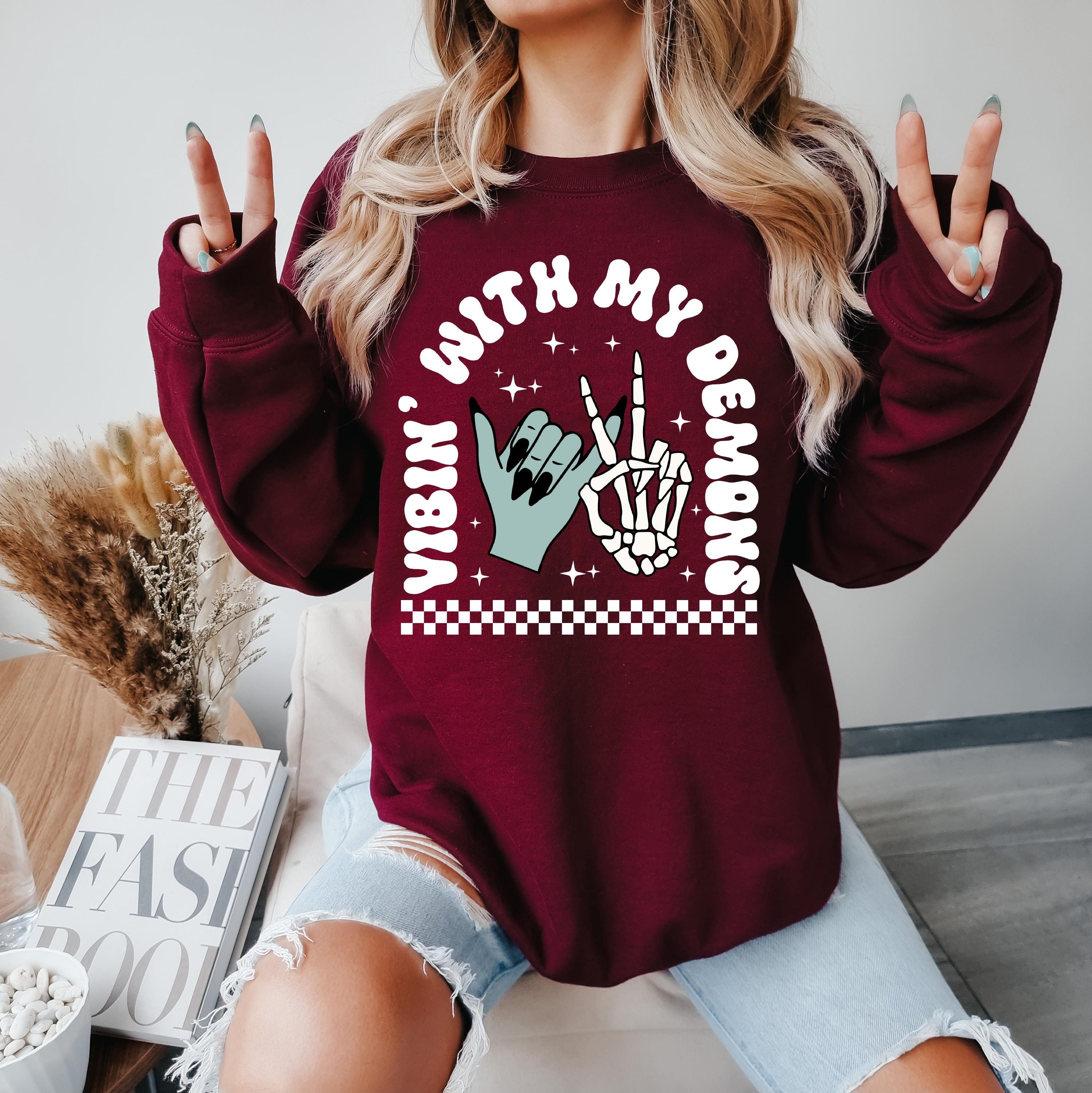 Vibin with my demons Halloween sweatshirt, Halloween vintage sweatshirt, Demons witch sweatshirt, Spooky season sweatshirt,  Fall sweatshirt