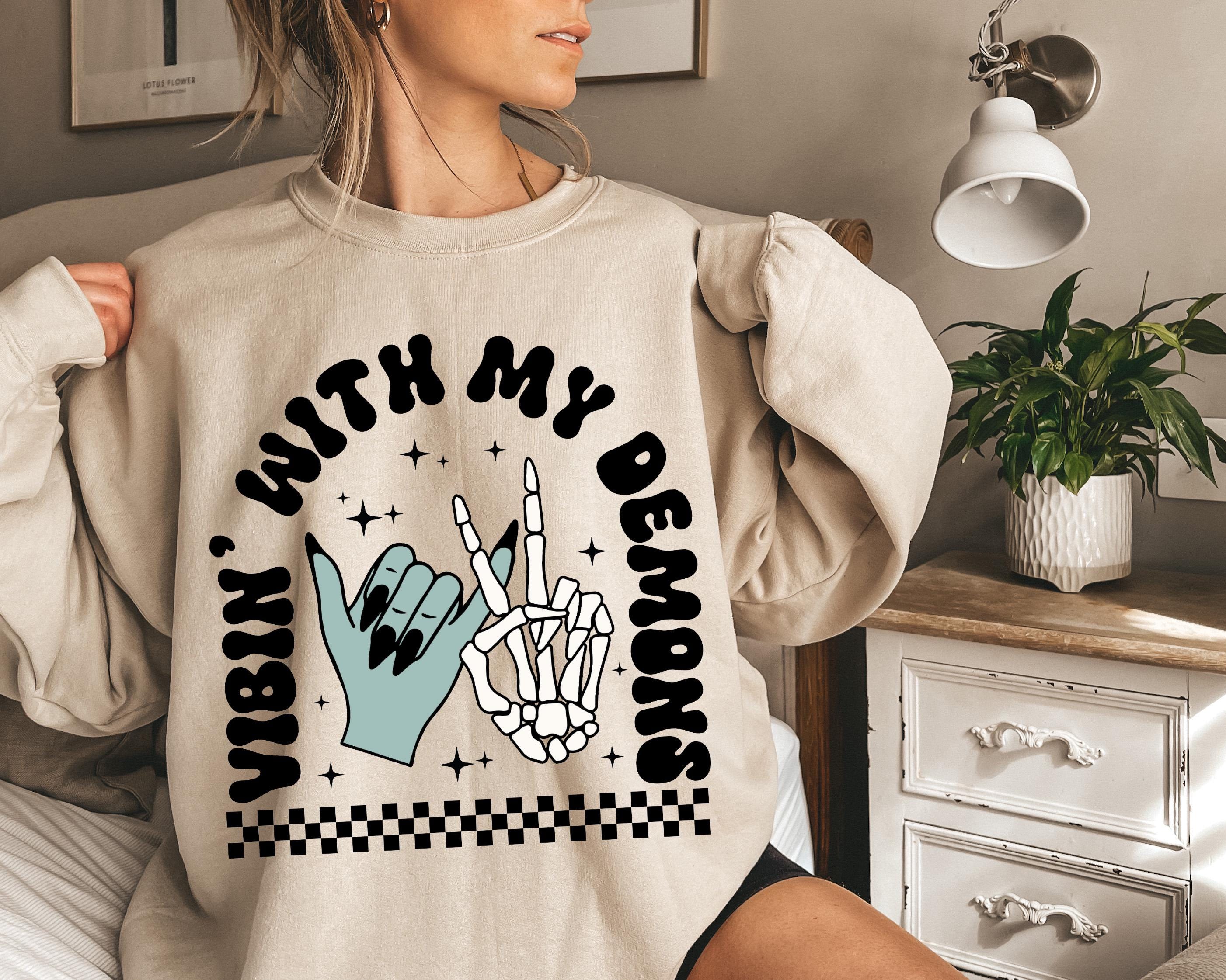 Vibin with my demons Halloween sweatshirt, Halloween vintage sweatshirt, Demons witch sweatshirt, Spooky season sweatshirt,  Fall sweatshirt
