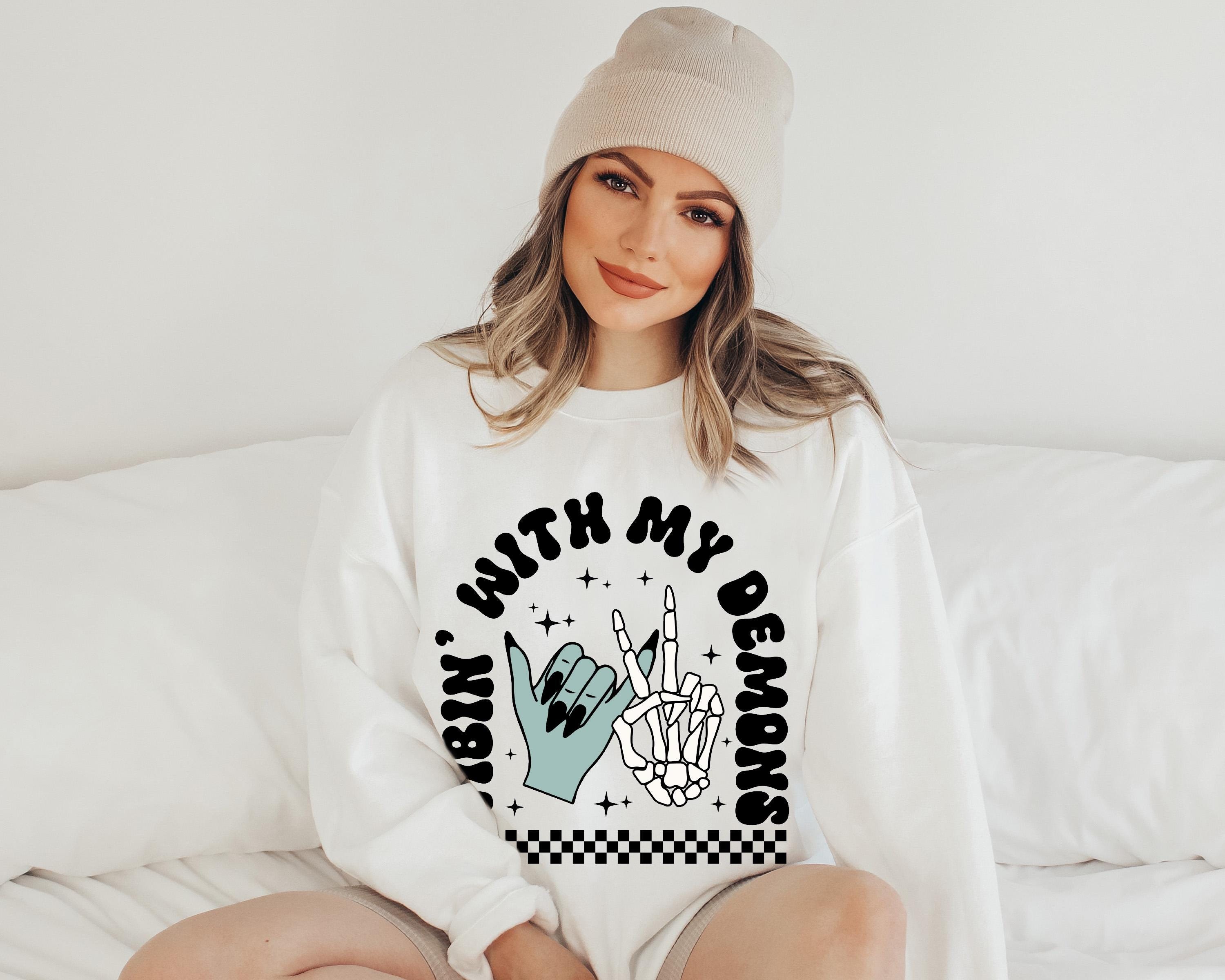 Vibin with my demons Halloween sweatshirt, Halloween vintage sweatshirt, Demons witch sweatshirt, Spooky season sweatshirt,  Fall sweatshirt