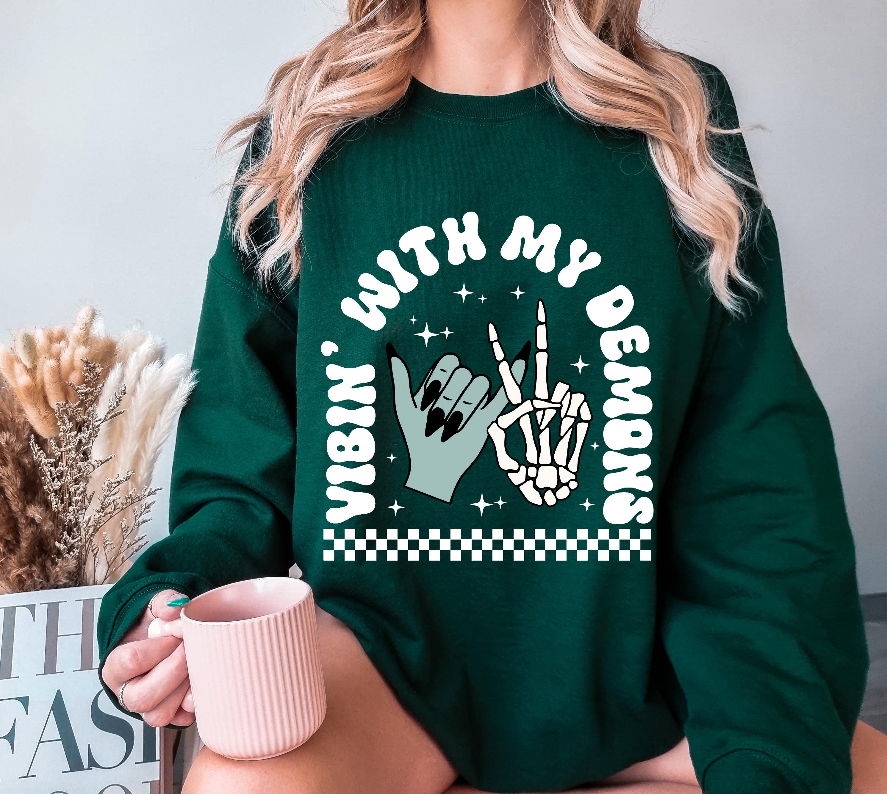 Vibin with my demons Halloween sweatshirt, Halloween vintage sweatshirt, Demons witch sweatshirt, Spooky season sweatshirt,  Fall sweatshirt