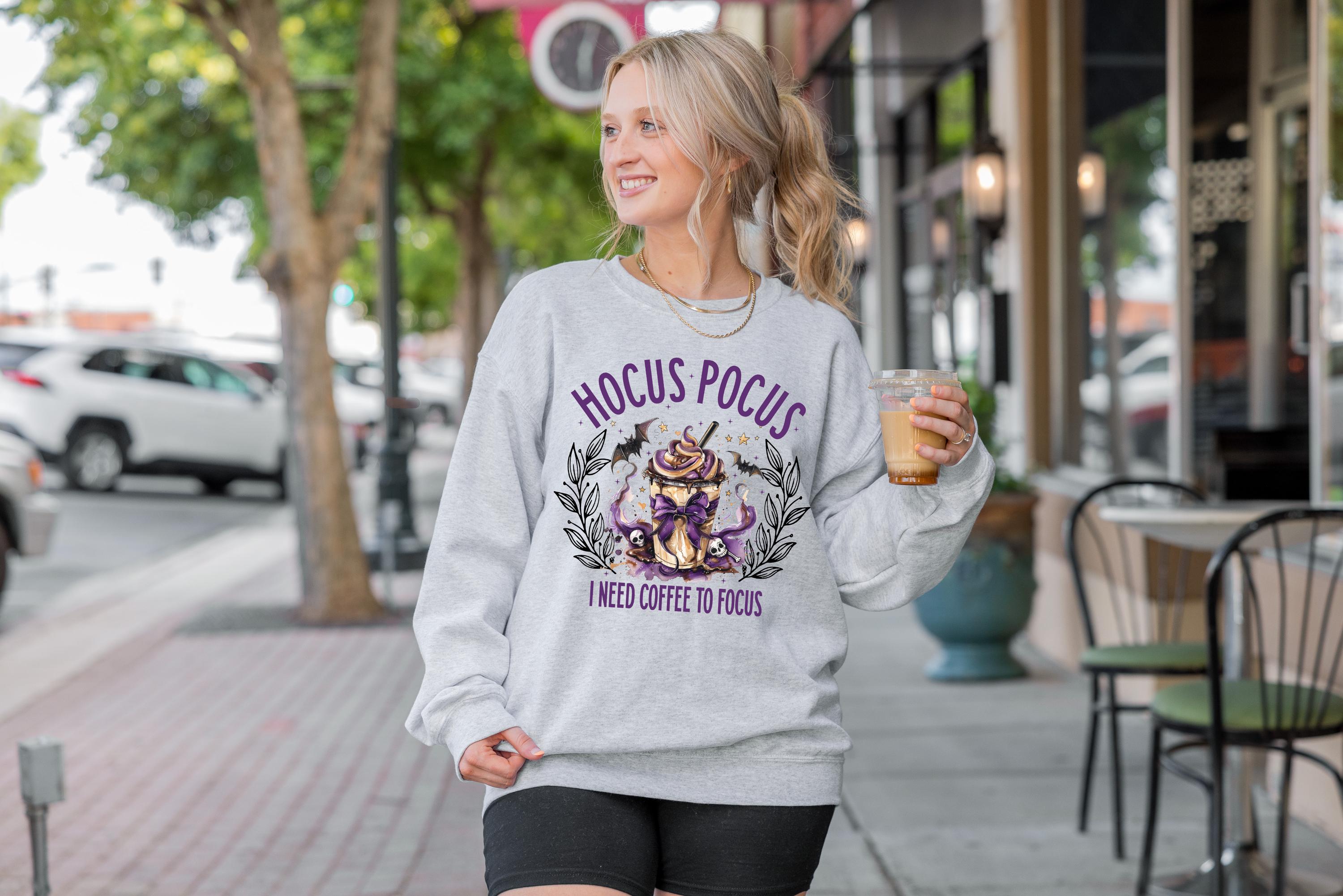 Hocus pocus I need a coffee to focus Sweatshirt, Halloween coffee Sweatshirt, fun Sweatshirt, Spooky season Sweatshirt,  Fall season