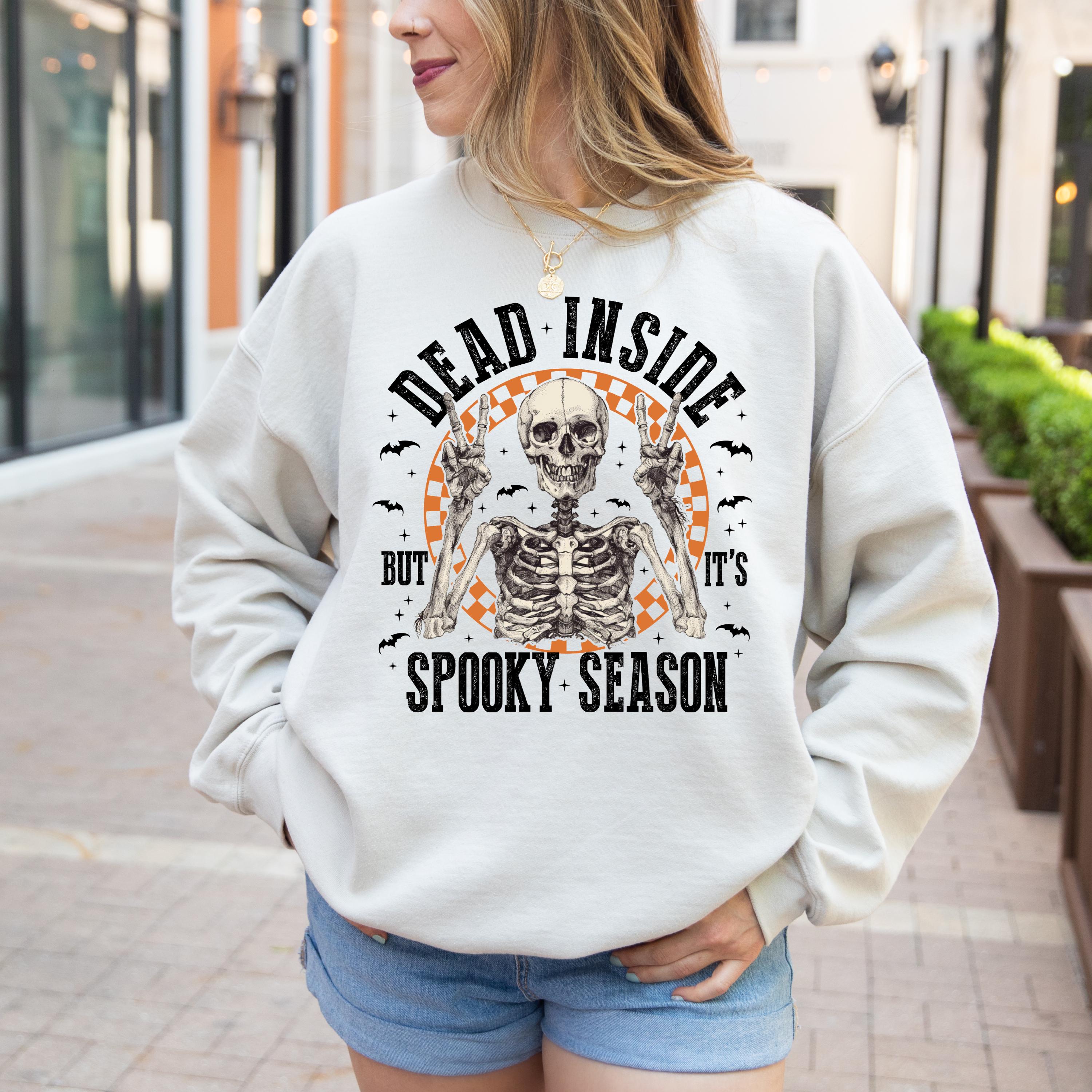 Dead Inside but It is Spooky Season Skeleton Sweatshirt, Halloween Crewneck Sweatshirt, Vintage Style Sweatshirt, Retro Halloween Sweatshirt