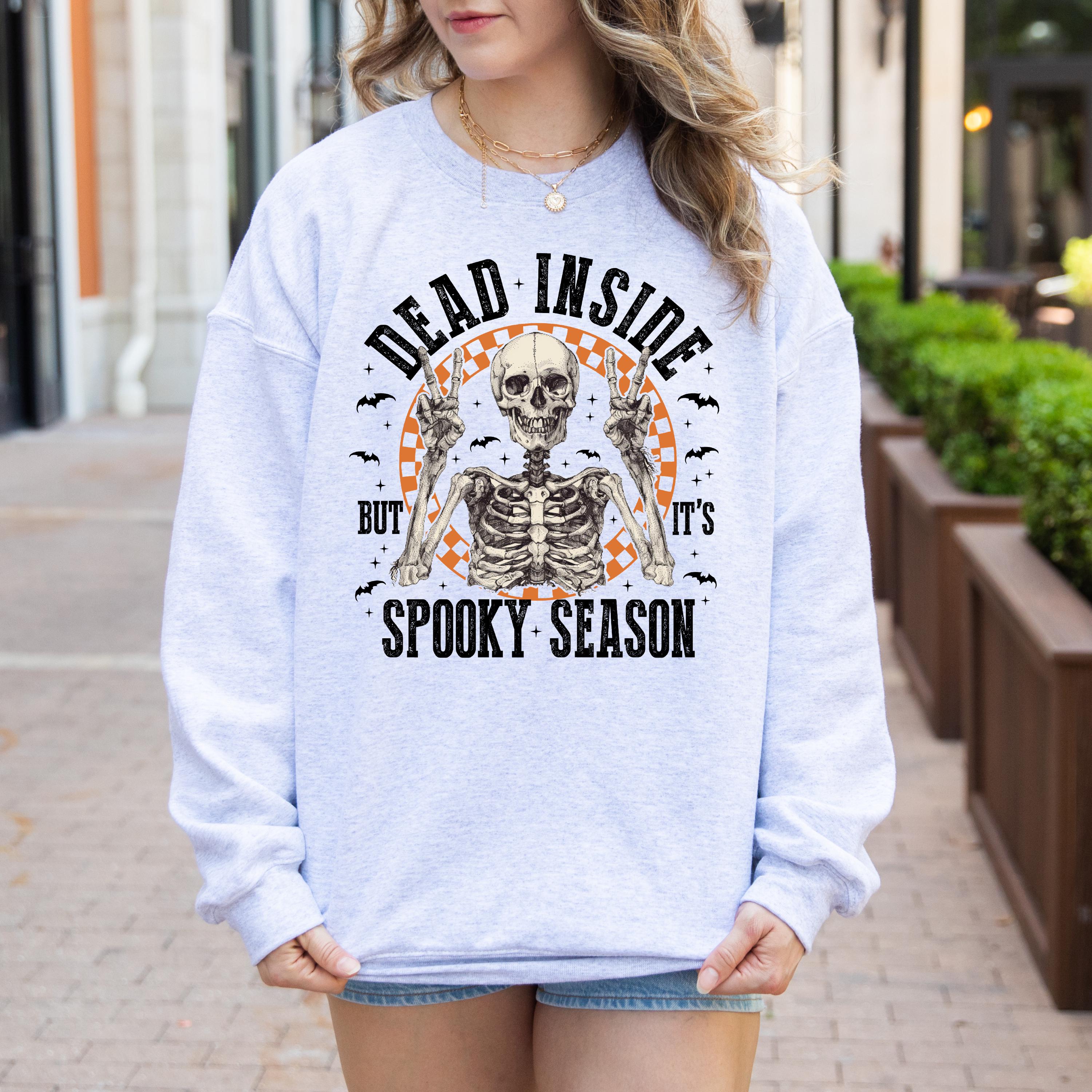 Dead Inside but It is Spooky Season Skeleton Sweatshirt, Halloween Crewneck Sweatshirt, Vintage Style Sweatshirt, Retro Halloween Sweatshirt