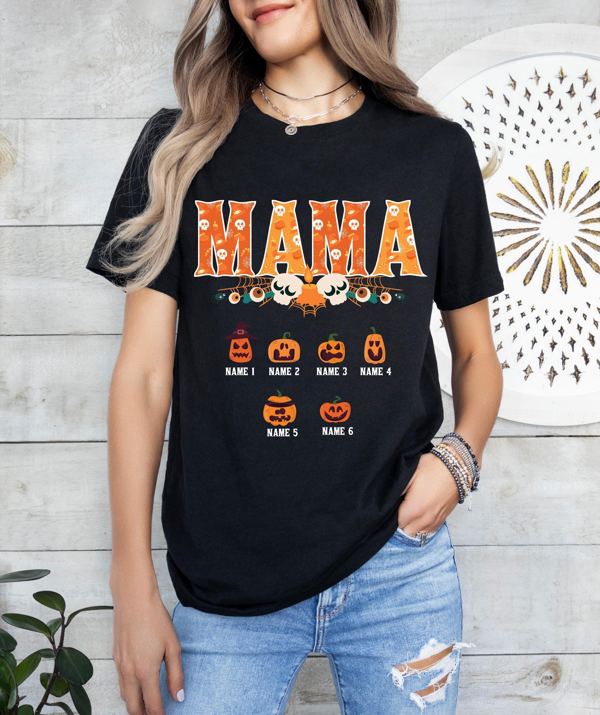Custom Halloween mama shirt, Mama pumpkin shirt, Custom mom up to 6 kids Shirt, Personalized mama and kids shirt, Cute Fall Shirt