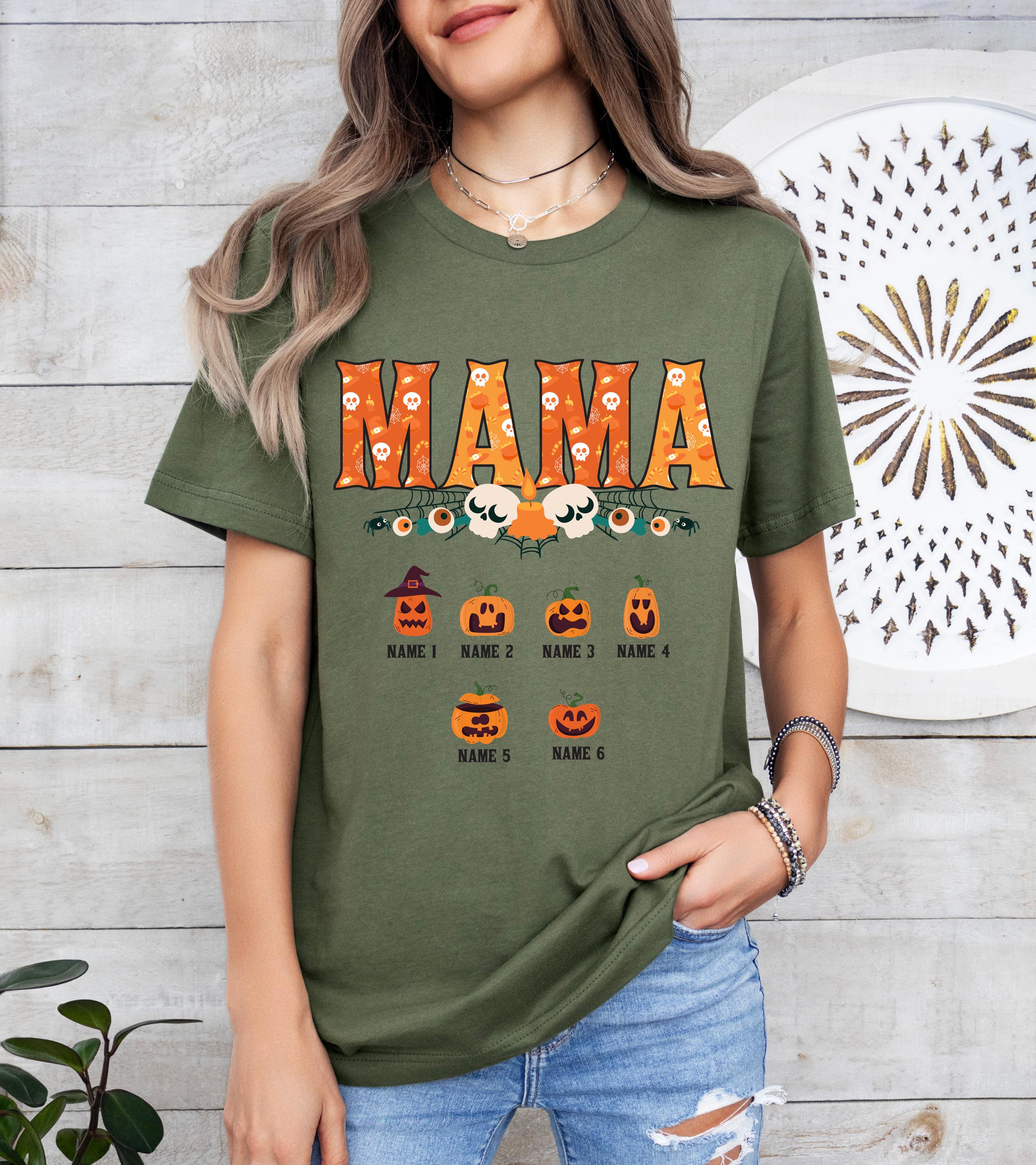 Custom Halloween mama shirt, Mama pumpkin shirt, Custom mom up to 6 kids Shirt, Personalized mama and kids shirt, Cute Fall Shirt