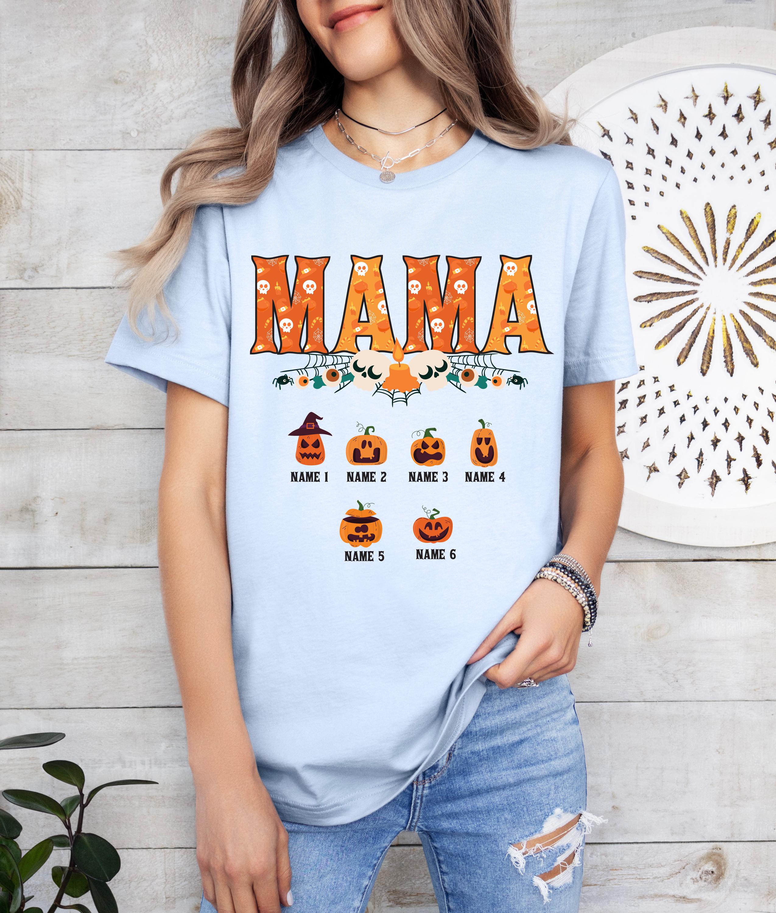 Custom Halloween mama shirt, Mama pumpkin shirt, Custom mom up to 6 kids Shirt, Personalized mama and kids shirt, Cute Fall Shirt