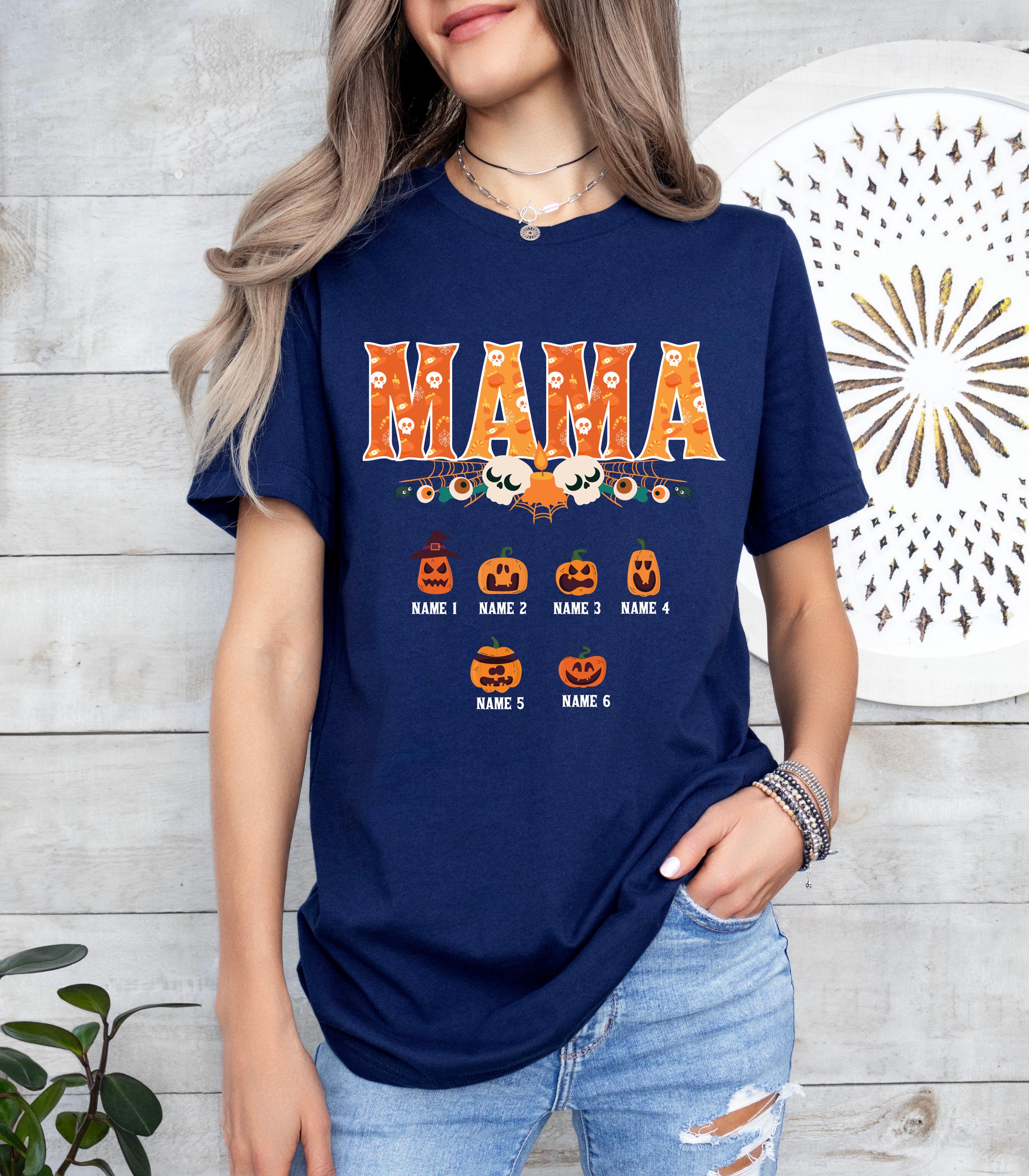 Custom Halloween mama shirt, Mama pumpkin shirt, Custom mom up to 6 kids Shirt, Personalized mama and kids shirt, Cute Fall Shirt