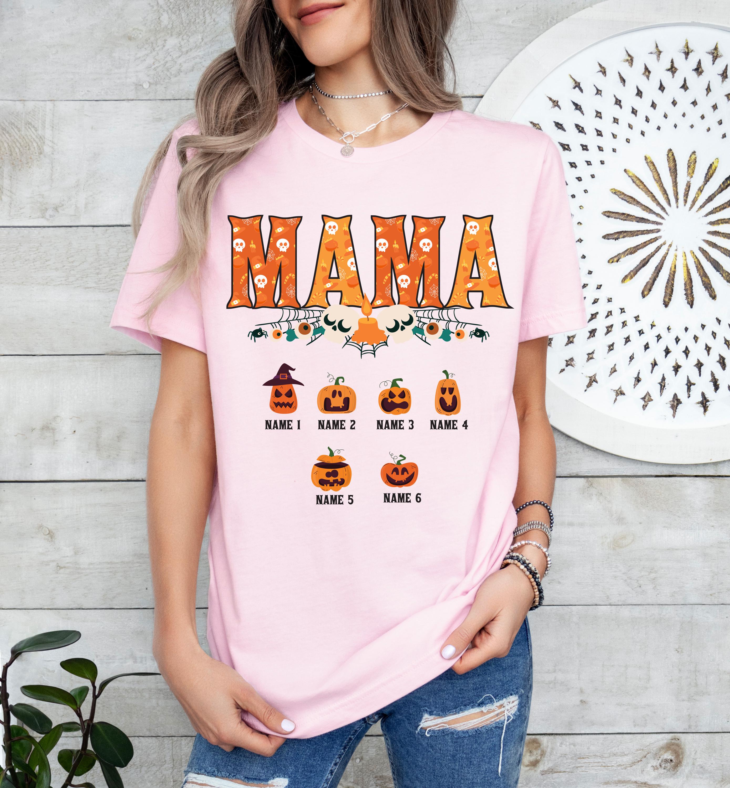 Custom Halloween mama shirt, Mama pumpkin shirt, Custom mom up to 6 kids Shirt, Personalized mama and kids shirt, Cute Fall Shirt