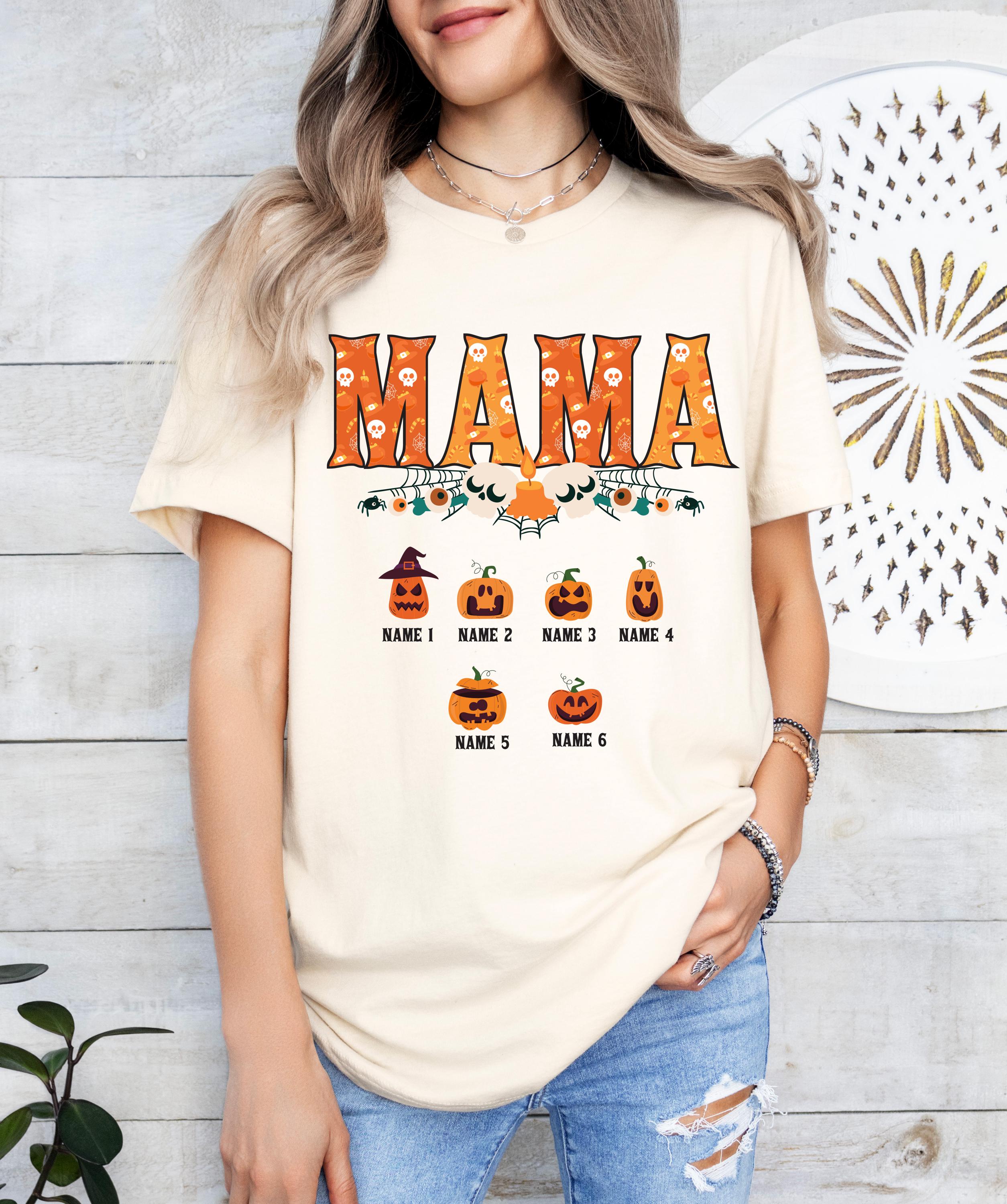 Custom Halloween mama shirt, Mama pumpkin shirt, Custom mom up to 6 kids Shirt, Personalized mama and kids shirt, Cute Fall Shirt