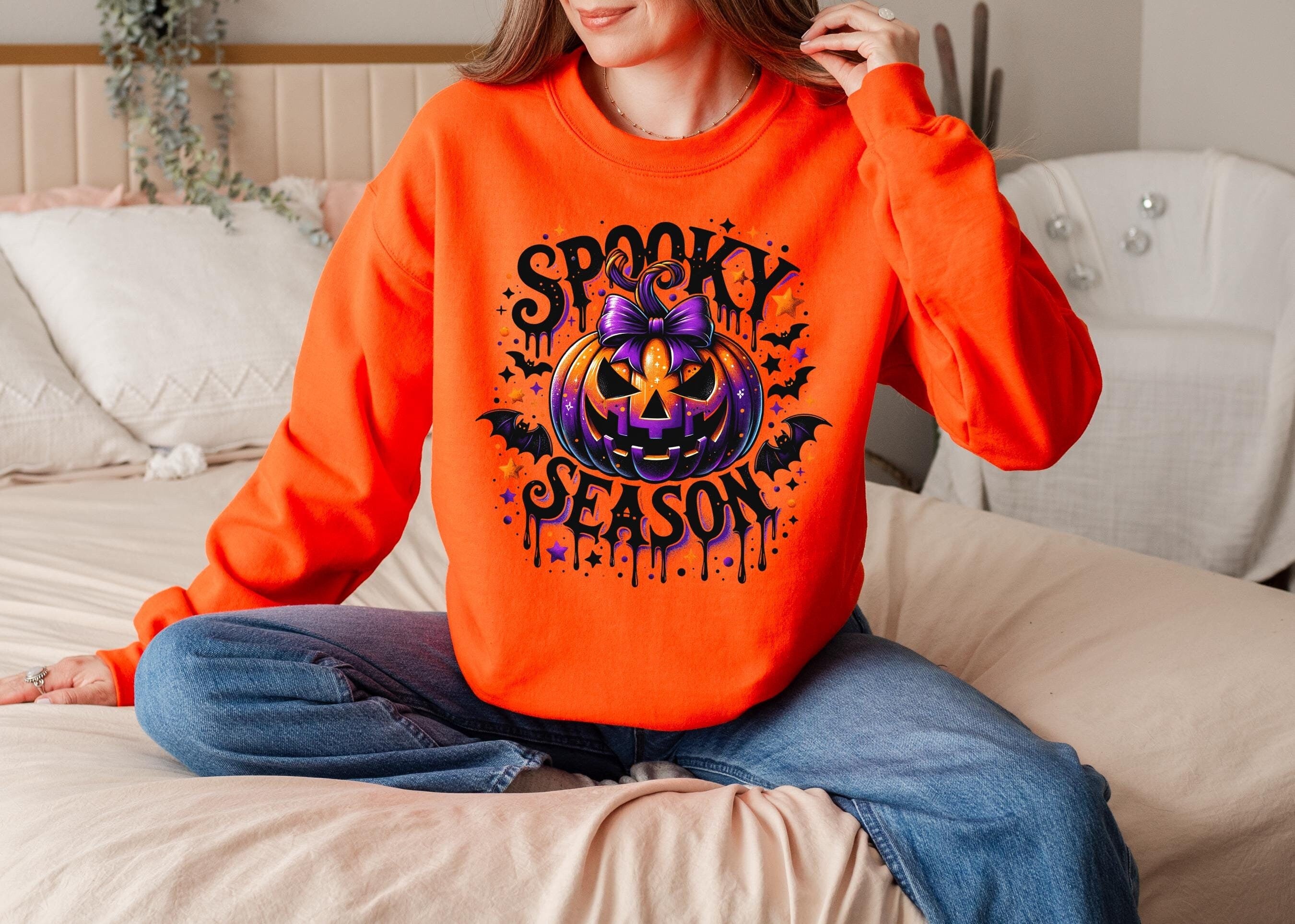 Spooky Season Pumpkin Sweatshirt, Coquette Bows Crewneck Sweatshirt, Vintage Western Style, Pumpkin Sweatshirt Retro Halloween Sweatshirt