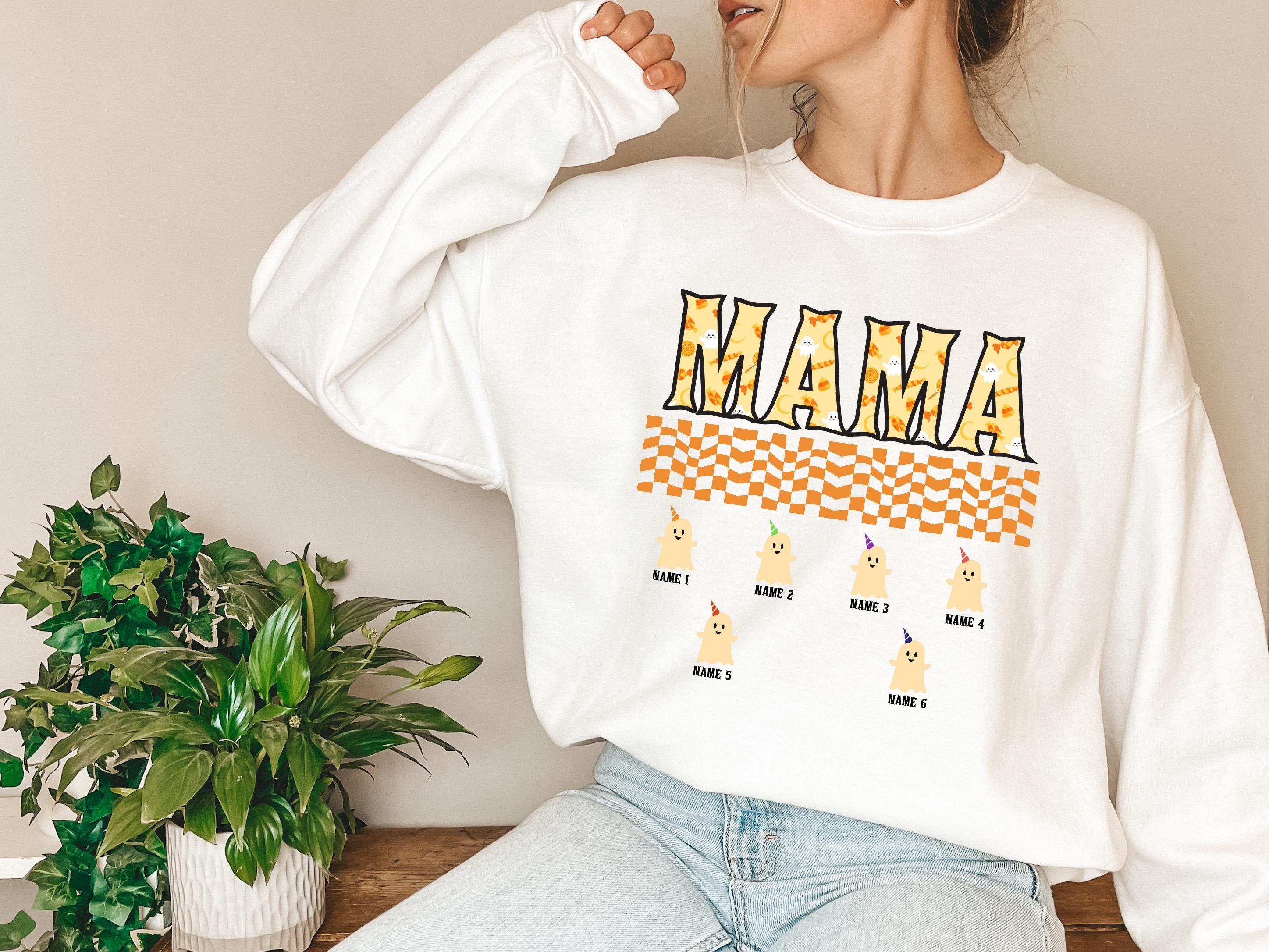 Custom Halloween cute mama Sweatshirt, mom and kids sweatshirt, Personalized mama Halloween Sweatshirt, Custom mom up to 6 kids, ghost sweat