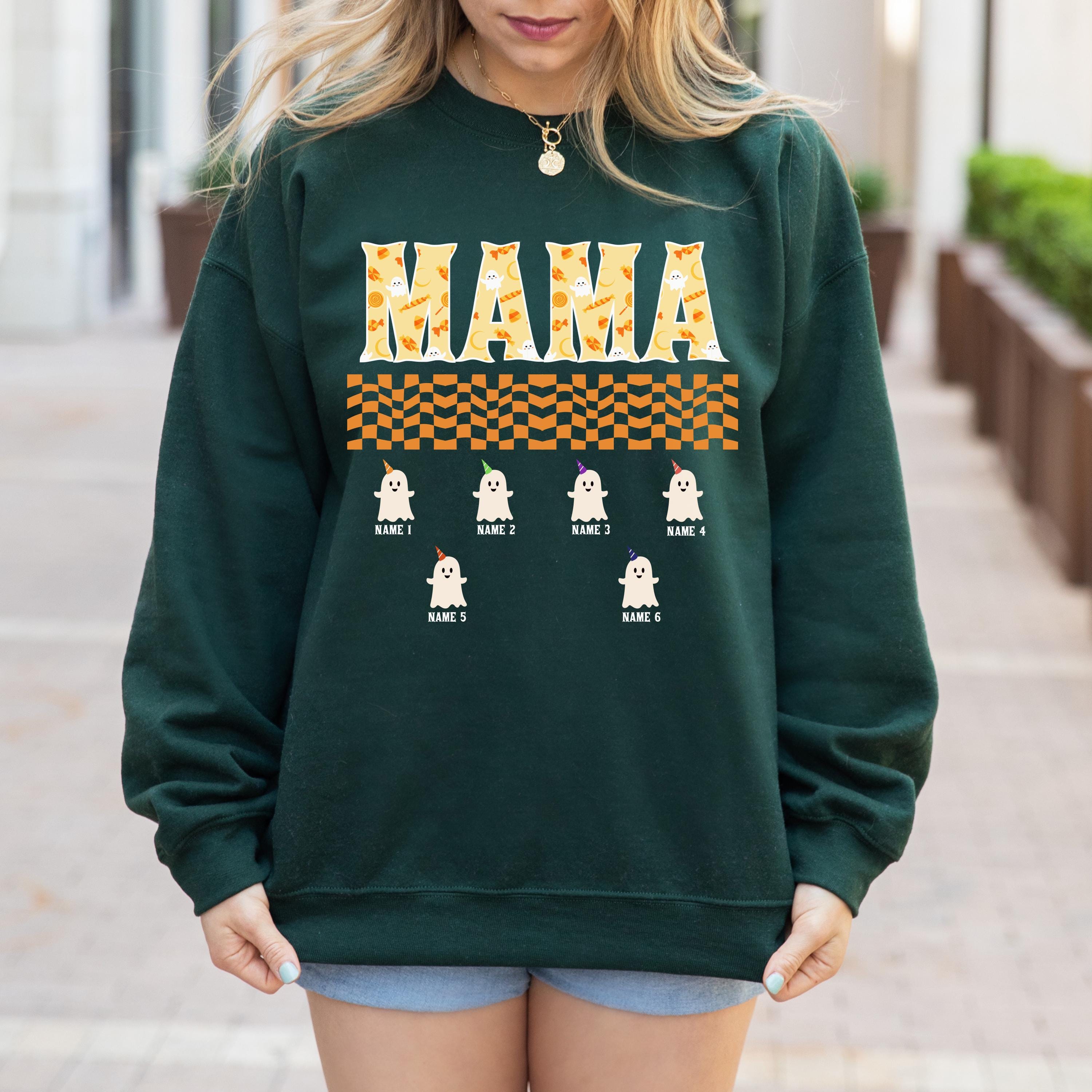 Custom Halloween cute mama Sweatshirt, mom and kids sweatshirt, Personalized mama Halloween Sweatshirt, Custom mom up to 6 kids, ghost sweat