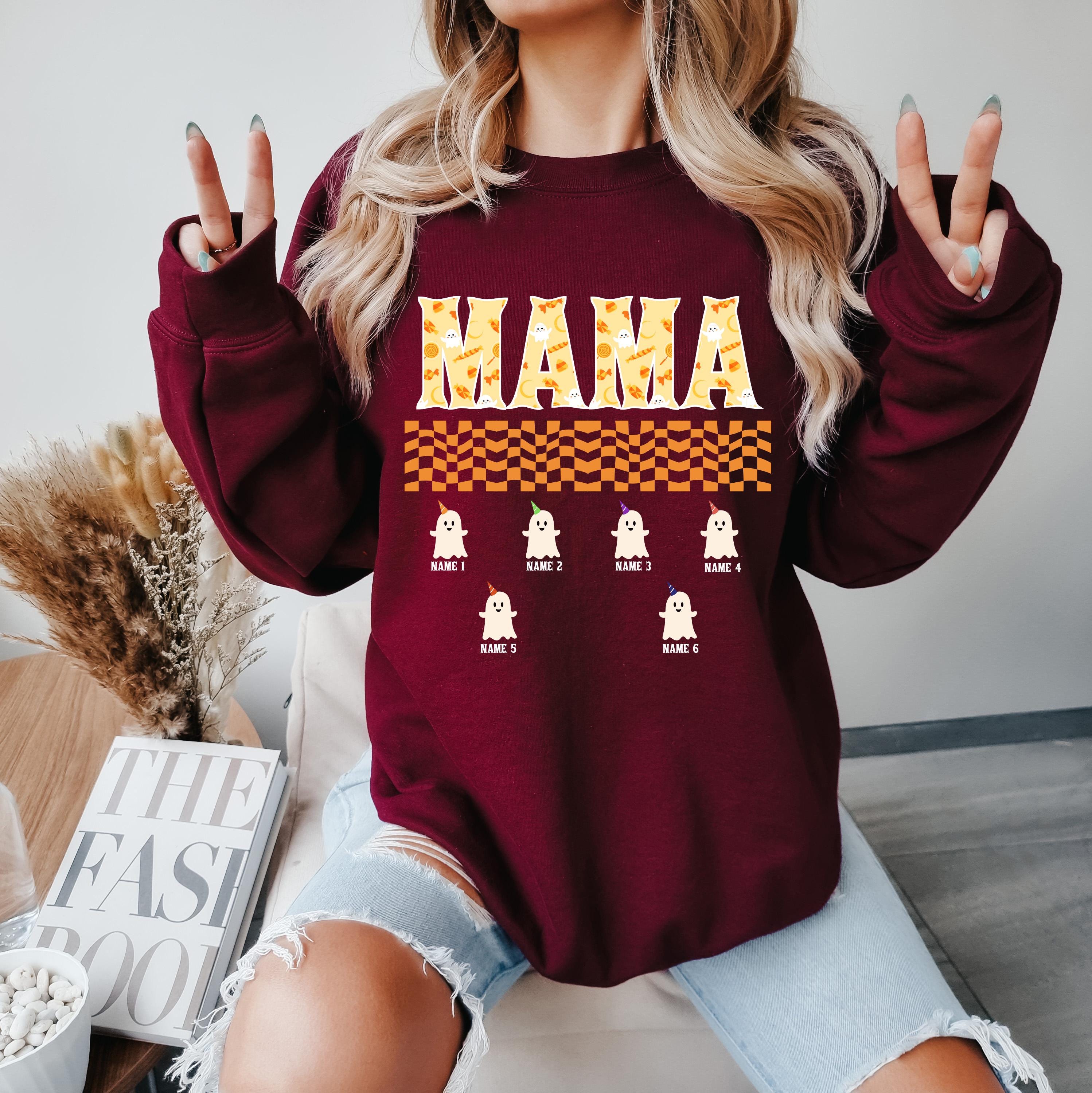 Custom Halloween cute mama Sweatshirt, mom and kids sweatshirt, Personalized mama Halloween Sweatshirt, Custom mom up to 6 kids, ghost sweat