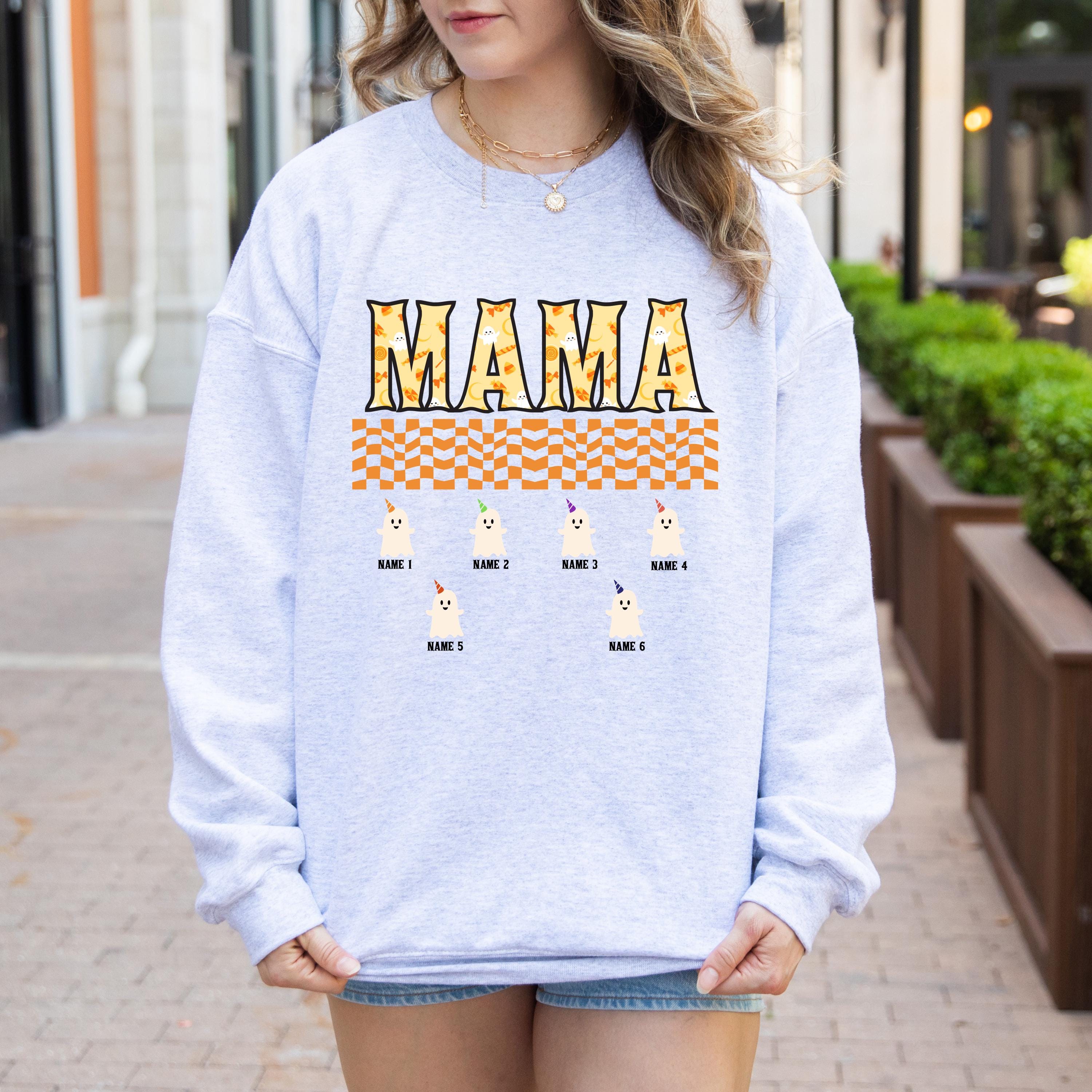 Custom Halloween cute mama Sweatshirt, mom and kids sweatshirt, Personalized mama Halloween Sweatshirt, Custom mom up to 6 kids, ghost sweat