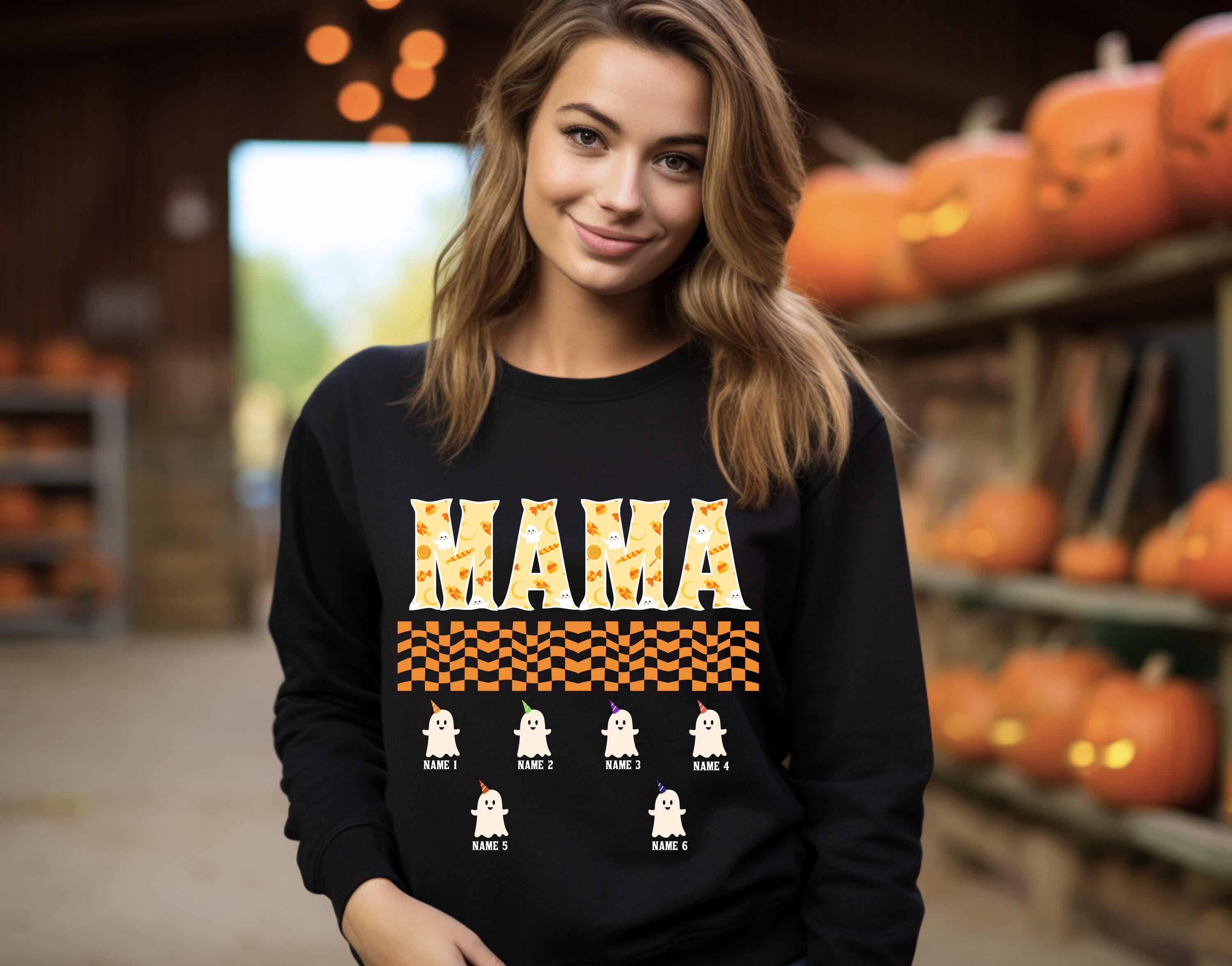 Custom Halloween cute mama Sweatshirt, mom and kids sweatshirt, Personalized mama Halloween Sweatshirt, Custom mom up to 6 kids, ghost sweat