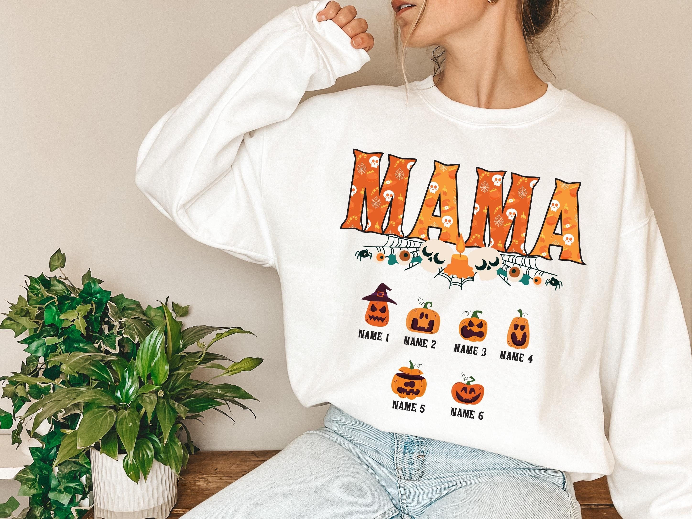 Custom Halloween mama Sweatshirt, mom and kids sweatshirt, Personalized mama Halloween Sweatshirt, Custom mom up to 6 kids, Pumpkin sweat