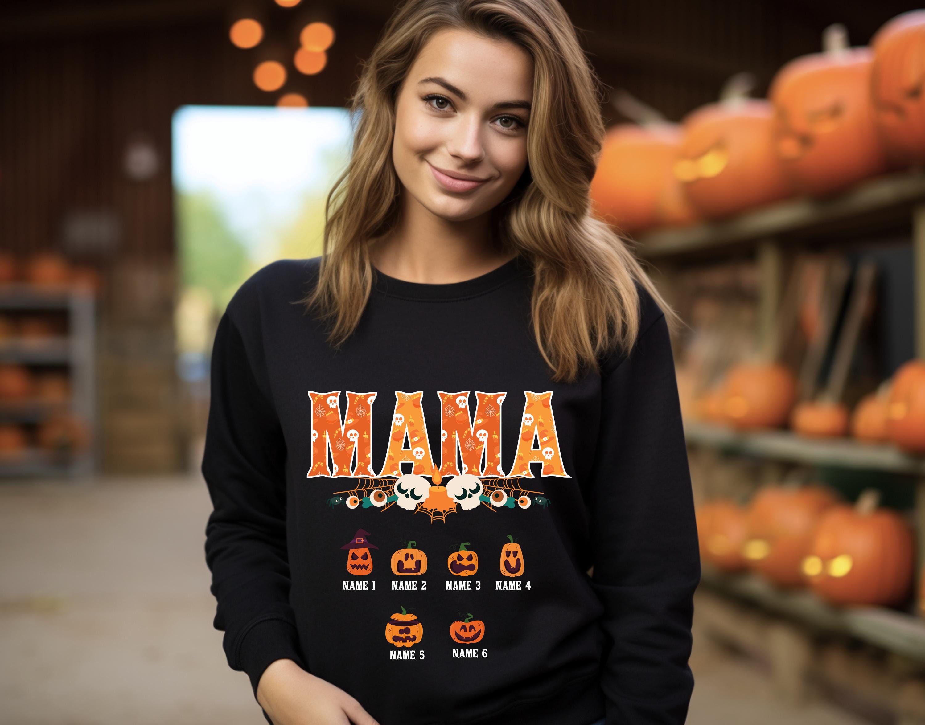 Custom Halloween mama Sweatshirt, mom and kids sweatshirt, Personalized mama Halloween Sweatshirt, Custom mom up to 6 kids, Pumpkin sweat