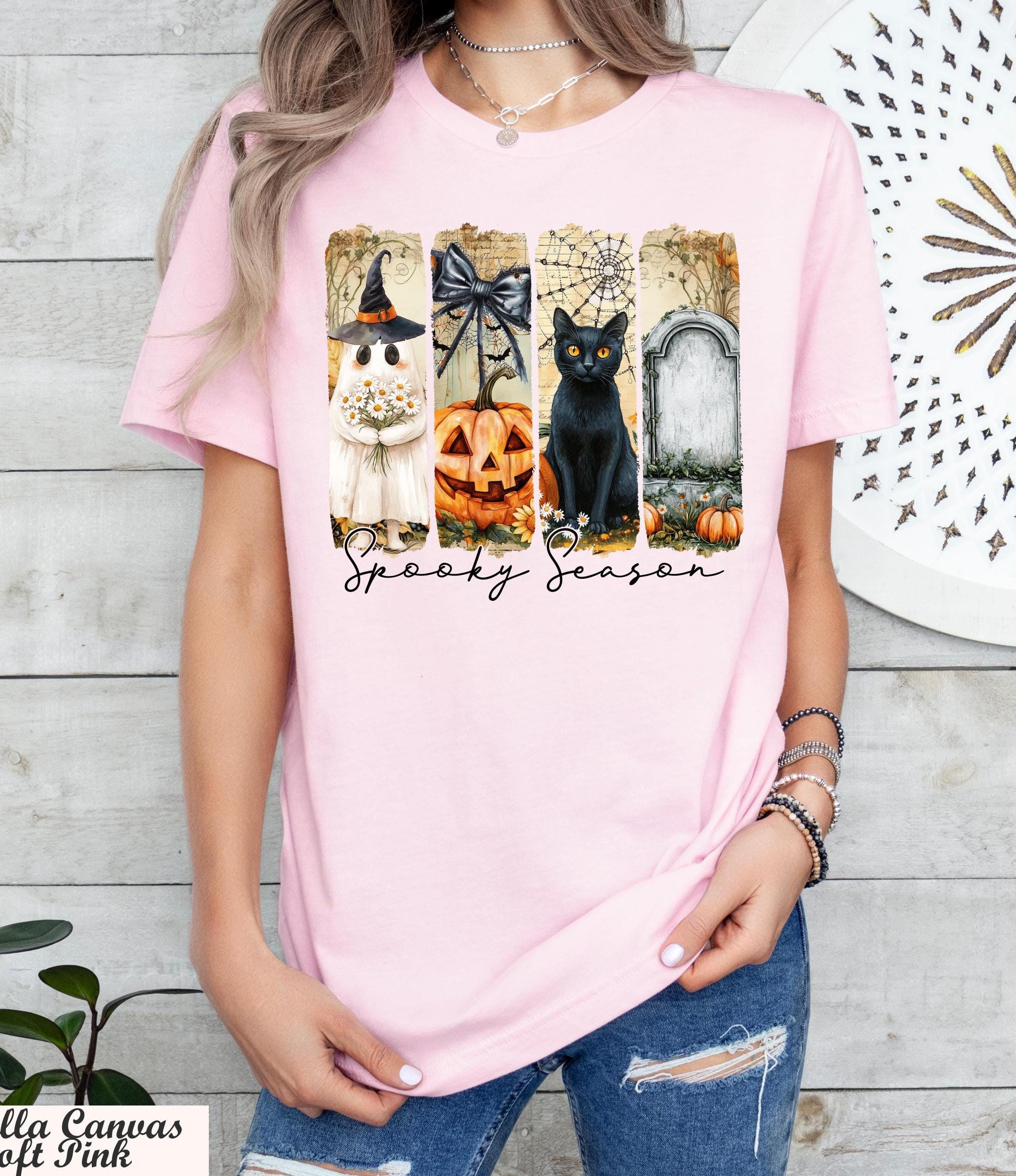 Spooky Season Shirt, Black Cat Pumpkin Ghost Halloween Tee, Vintage Spooky Season Tee, Retro Trick Or Treat Tee,Witchy Autumn Tee,Fall Style