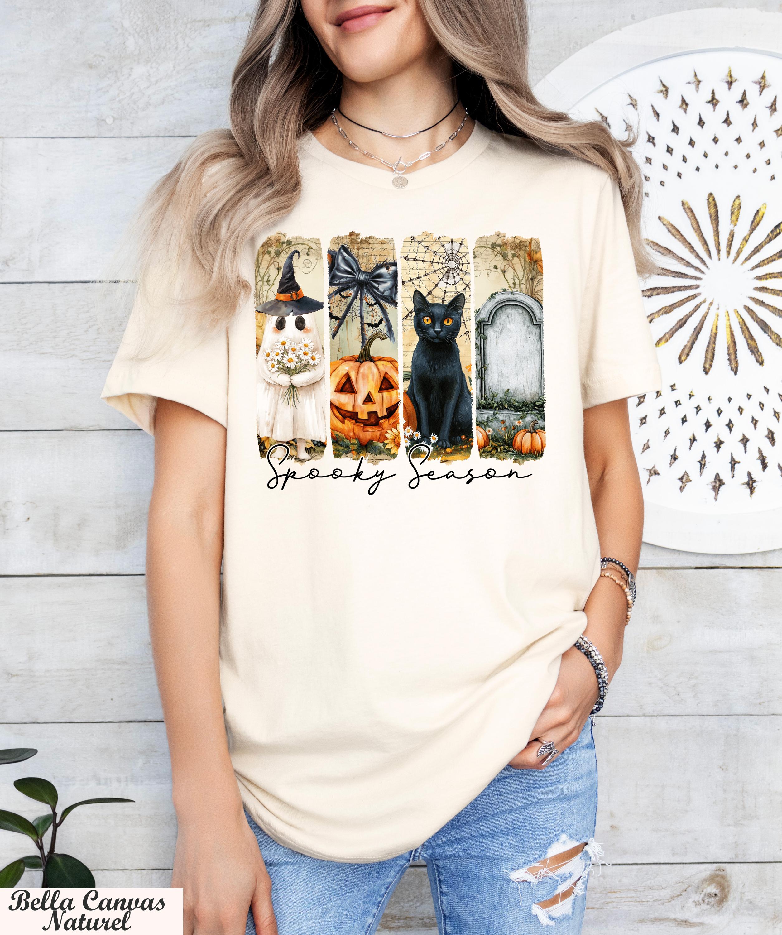Spooky Season Shirt, Black Cat Pumpkin Ghost Halloween Tee, Vintage Spooky Season Tee, Retro Trick Or Treat Tee,Witchy Autumn Tee,Fall Style