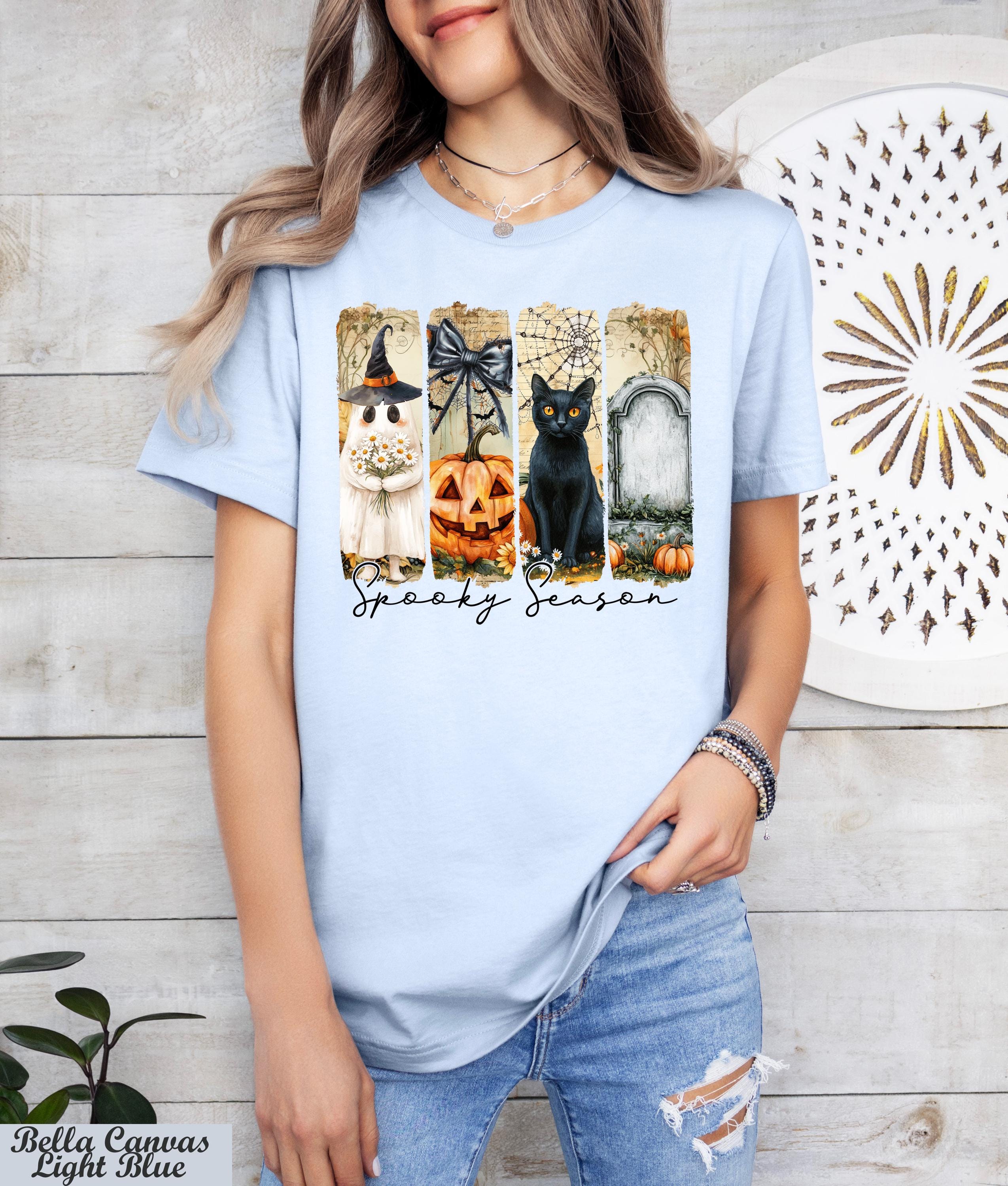 Spooky Season Shirt, Black Cat Pumpkin Ghost Halloween Tee, Vintage Spooky Season Tee, Retro Trick Or Treat Tee,Witchy Autumn Tee,Fall Style