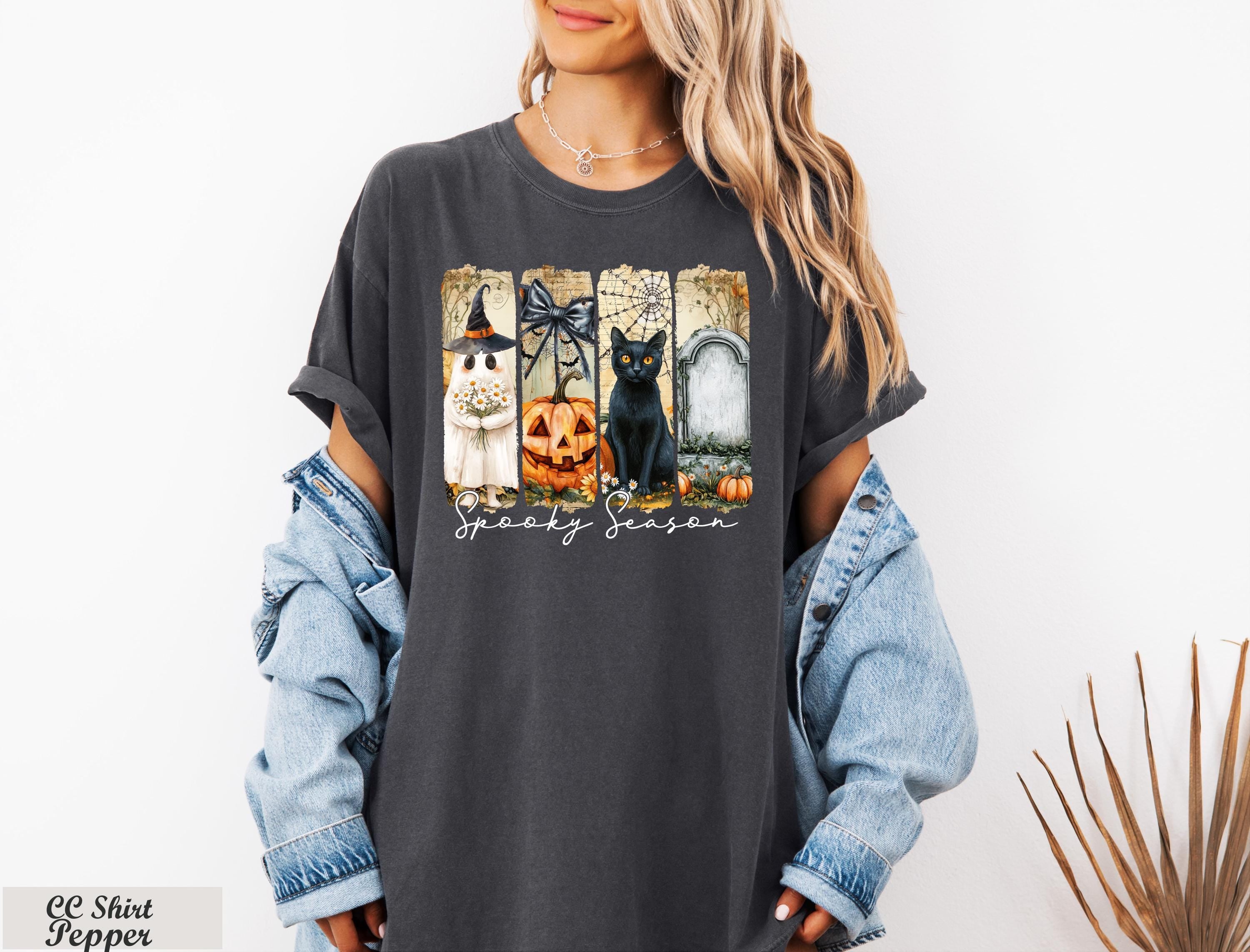 Spooky Season Shirt, Black Cat Pumpkin Ghost Halloween Tee, Vintage Spooky Season Tee, Retro Trick Or Treat Tee,Witchy Autumn Tee,Fall Style