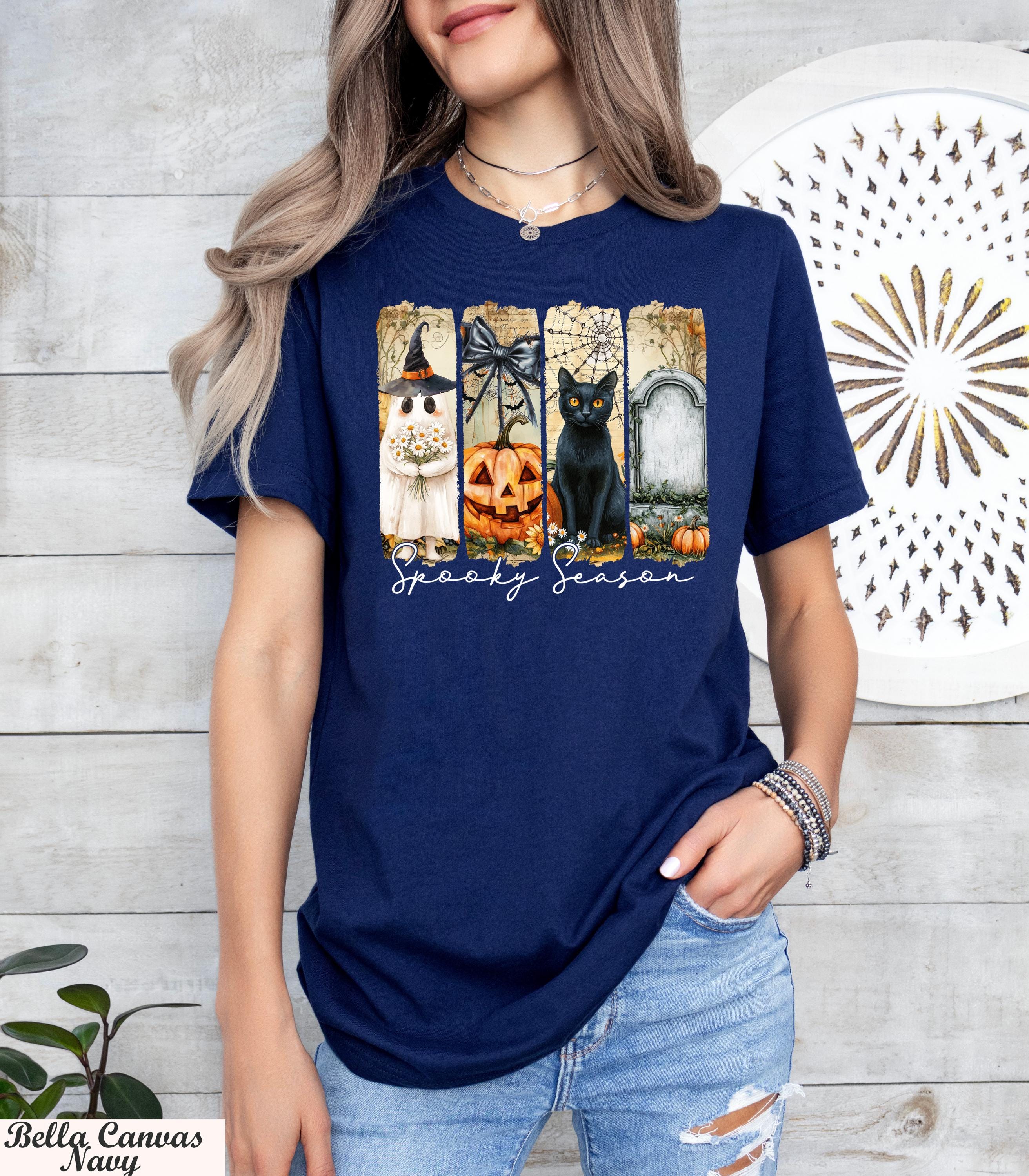 Spooky Season Shirt, Black Cat Pumpkin Ghost Halloween Tee, Vintage Spooky Season Tee, Retro Trick Or Treat Tee,Witchy Autumn Tee,Fall Style