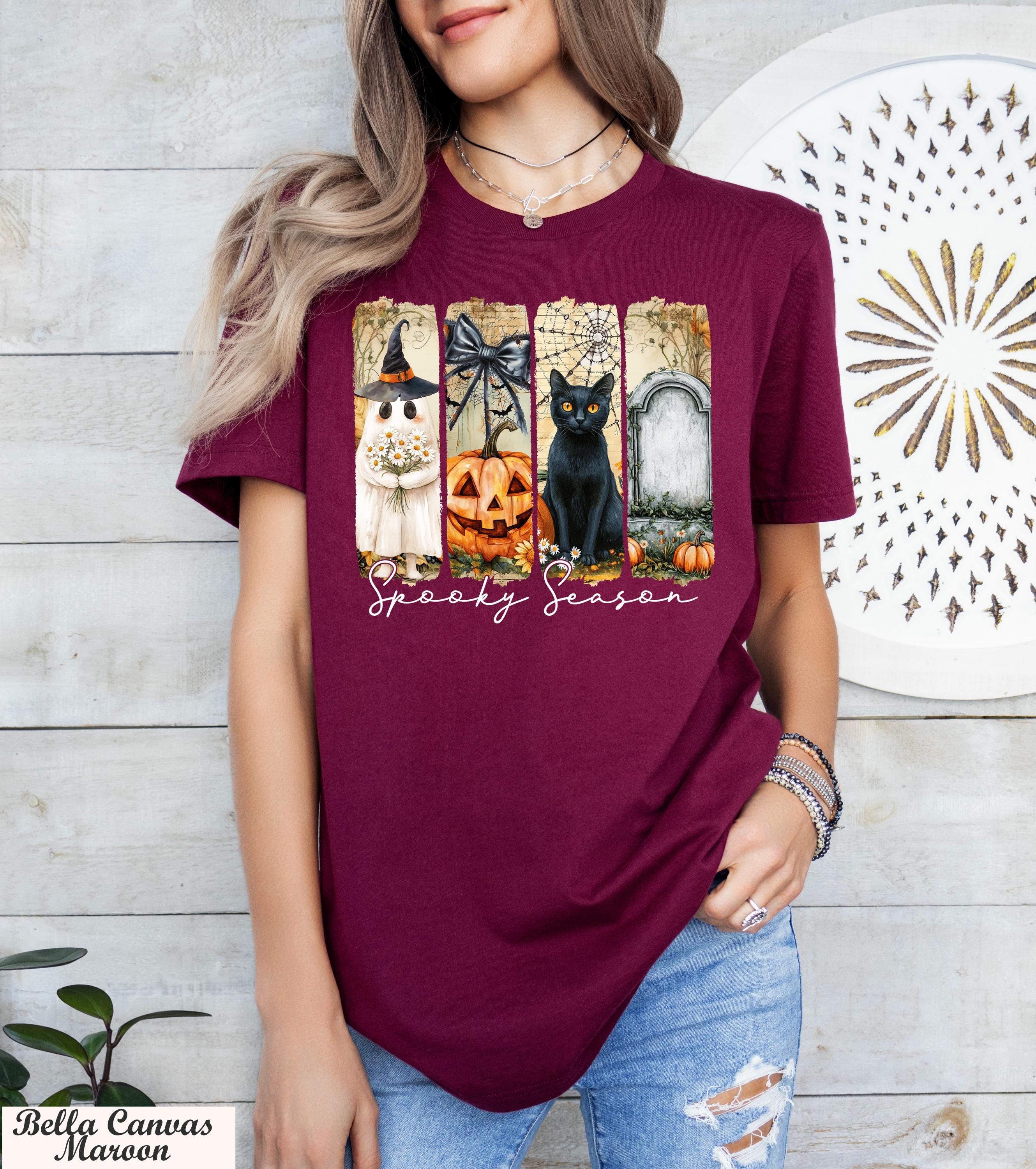 Spooky Season Shirt, Black Cat Pumpkin Ghost Halloween Tee, Vintage Spooky Season Tee, Retro Trick Or Treat Tee,Witchy Autumn Tee,Fall Style