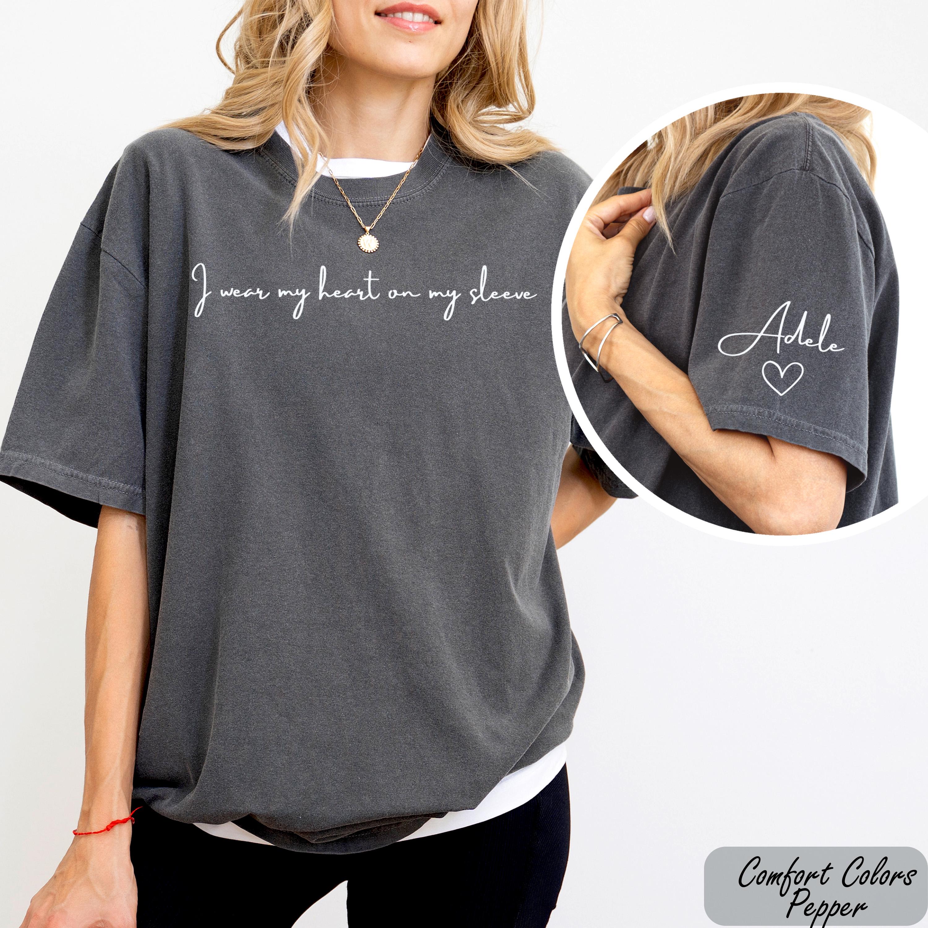 I Wear My Heart On My Sleeve Shirt, Shirt with Names On Sleeve, Mom Heart T-Shirt, Mother's Day Gift from Kids, Baby Shower Gift for Her